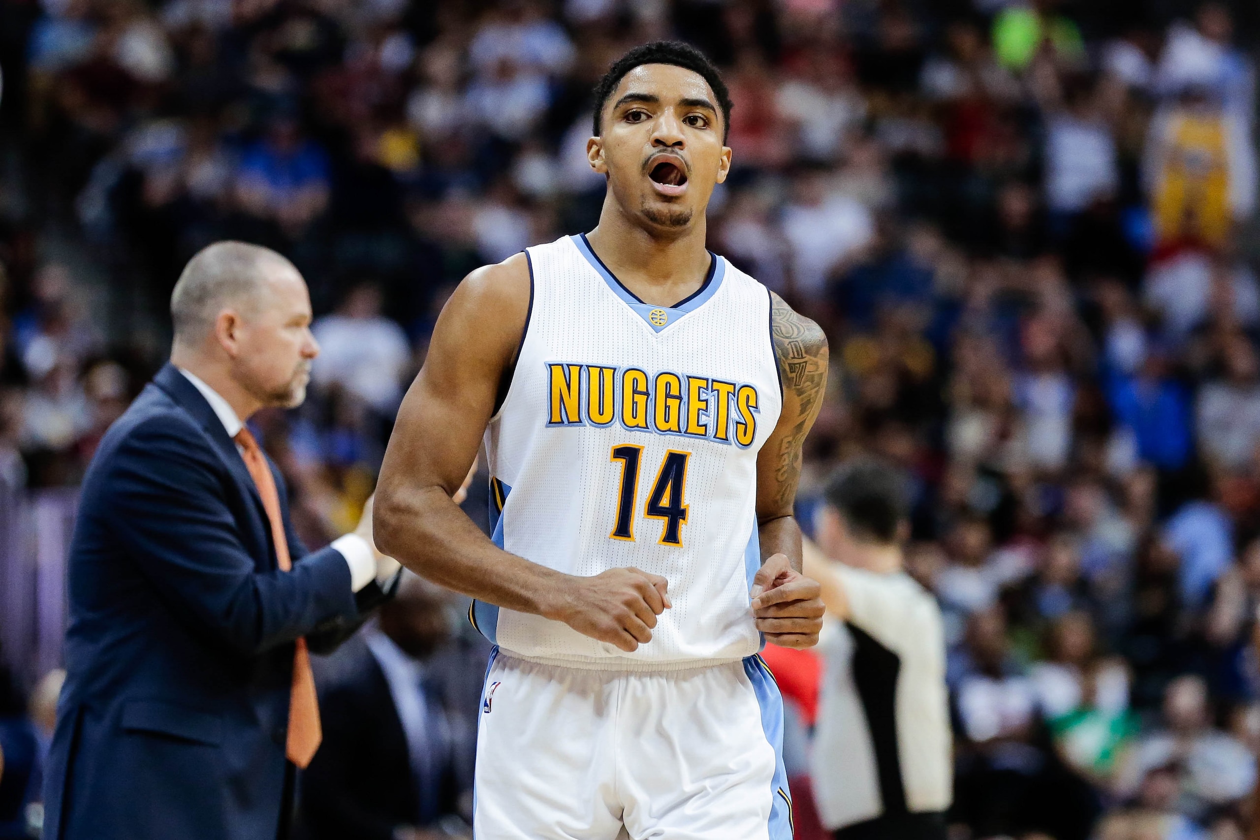 Apr 7, 2017; Denver, CO, USA; Denver Nuggets guard Gary Harris (14) in the third quarter against the New Orleans Pelicans at the Pepsi Center. Mandatory Credit: Isaiah J. Downing-USA TODAY Sports Apr 7, 2017; Denver, CO, USA; Denver Nuggets guard Gary Harris (14) in the third quarter against the New Orleans Pelicans at the Pepsi Center. Mandatory Credit: Isaiah J. Downing-USA TODAY Sports