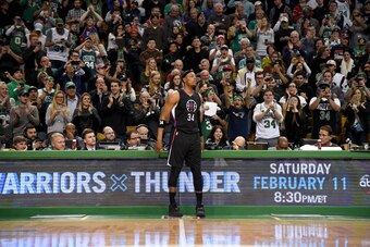 BOSTON, MA - FEBRUARY 5: Paul Pierce #34 of the LA Clippers checks in during the game against the Boston Celtics on February 5, 2017 at the TD Garden in Boston, Massachusetts.  NOTE TO USER: User expressly acknowledges and agrees that, by downloading and 