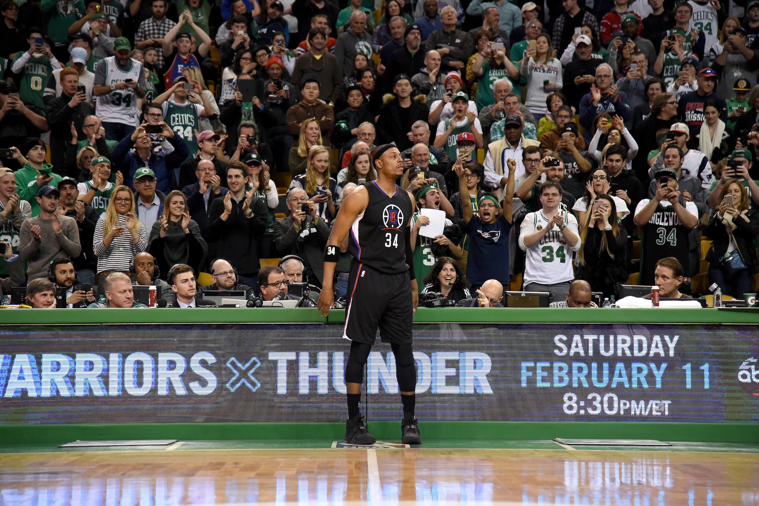 BOSTON, MA - FEBRUARY 5: Paul Pierce #34 of the LA Clippers checks in during the game against the Boston Celtics on February 5, 2017 at the TD Garden in Boston, Massachusetts.  NOTE TO USER: User expressly acknowledges and agrees that, by downloading and 