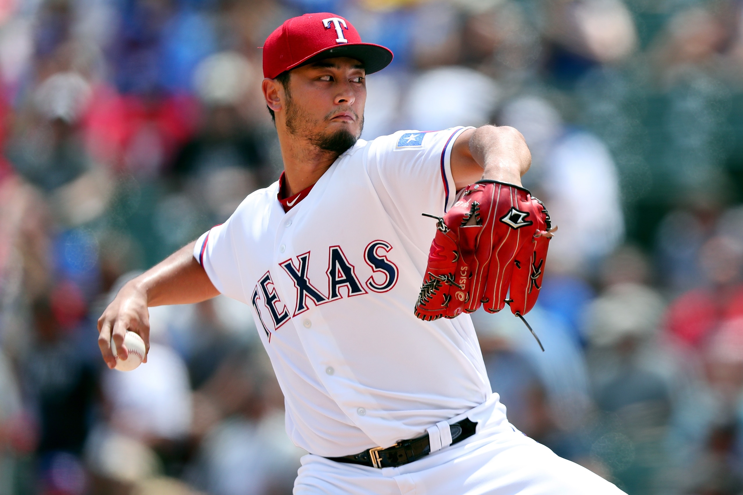 ARLINGTON, TX - JULY 09:  Yu Darvish #11 of the Texas Rangers pitches against the Los Angeles Angels in the top of the fourth inning at Globe Life Park in Arlington on July 9, 2017 in Arlington, Texas.  (Photo by Tom Pennington/Getty Images)