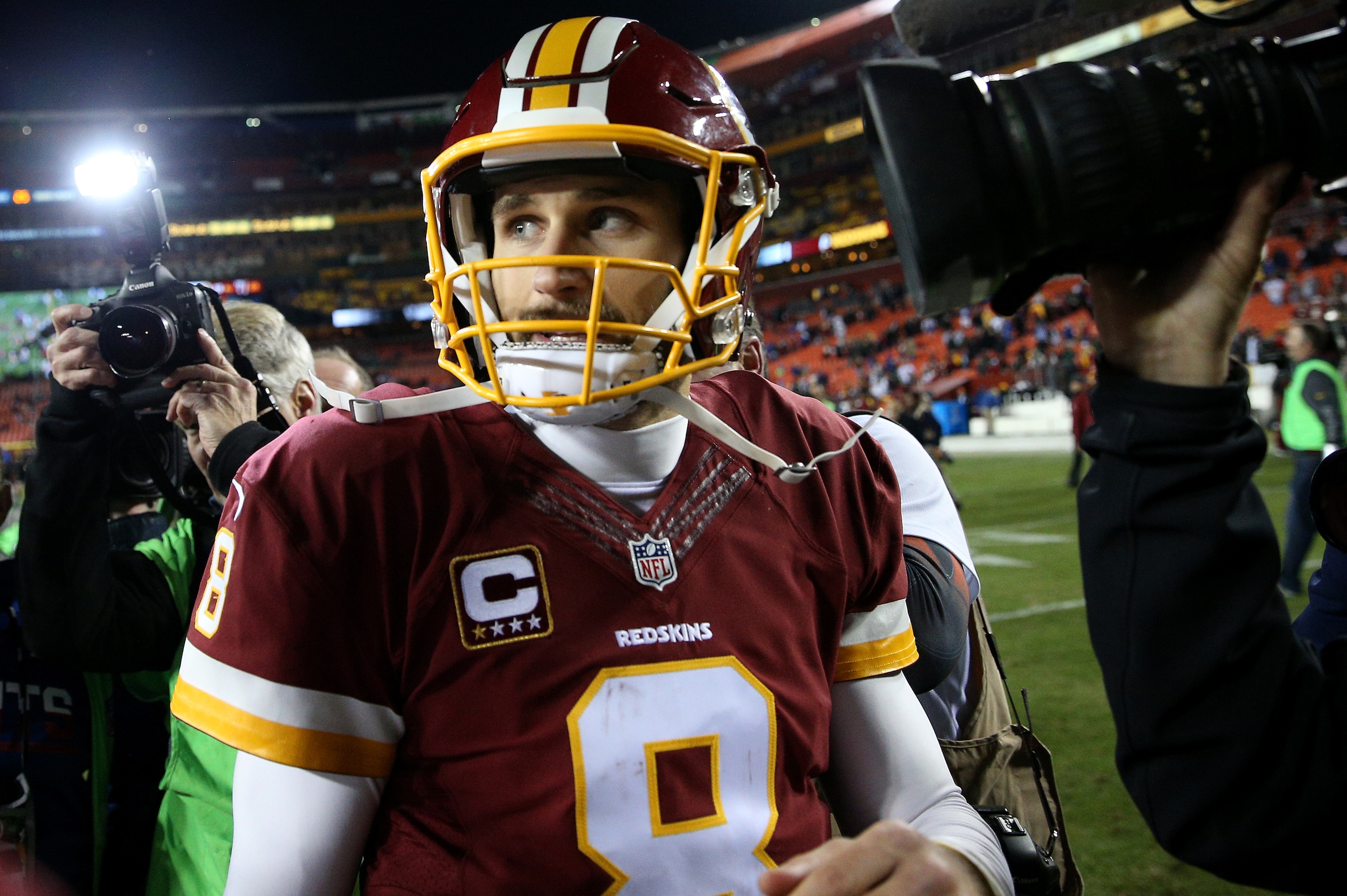 LANDOVER, MD - JANUARY 01: Quarterback Kirk Cousins #8 of the Washington Redskins looks on after the New York Giants defeated the Washington Redskins 19-10 at FedExField on January 1, 2017 in Landover, Maryland. (Photo by Patrick Smith/Getty Images)