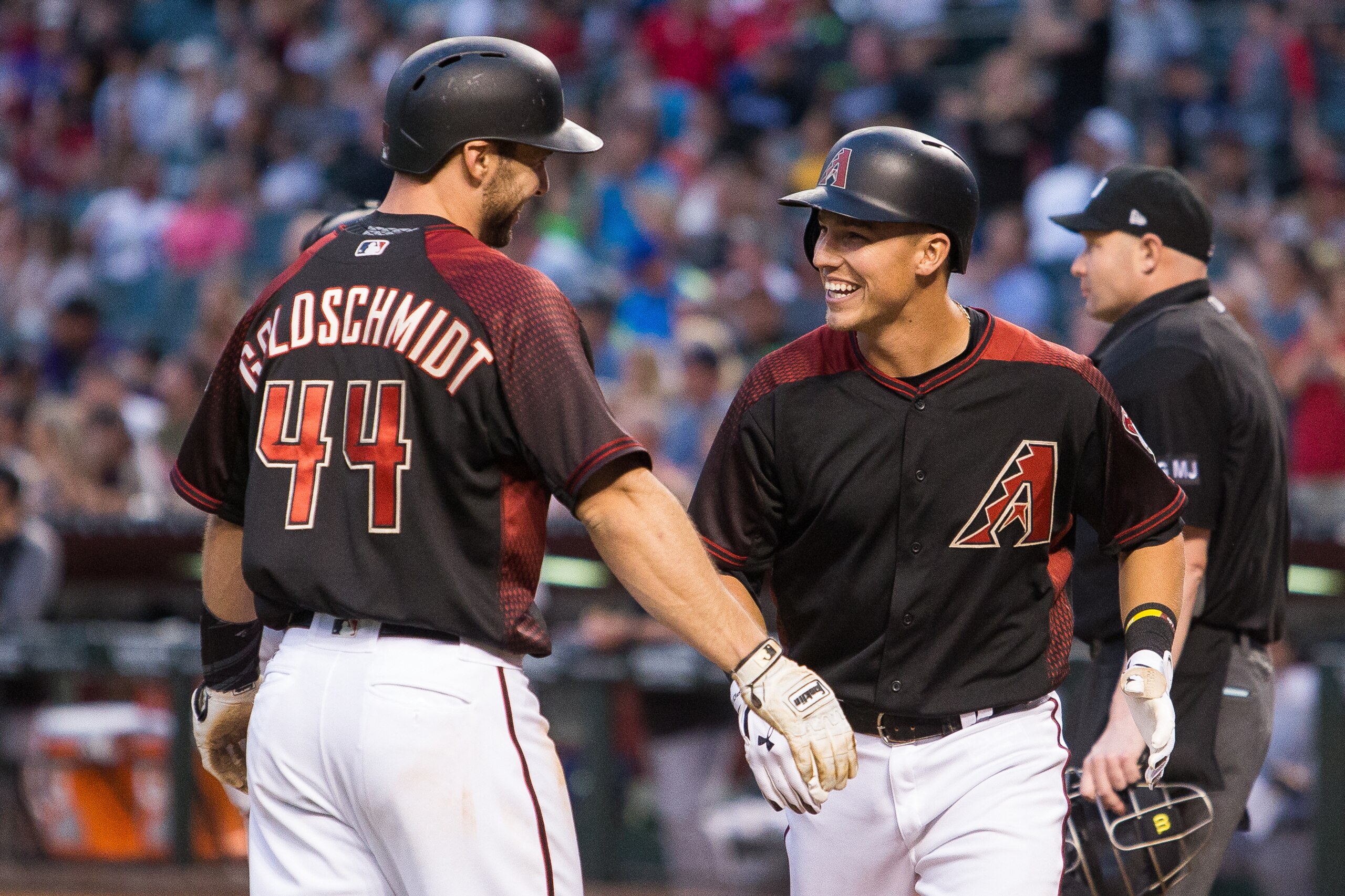 PHOENIX, AZ - APRIL 29: Jake Lamb #22 of the Arizona Diamondbacks reacts after hitting a two run home run during a game against the Colorado Rockies on April 29, 2017 in Phoenix, Arizona. Jake Lamb's home run was hit 481 feet, the longest home run of the 