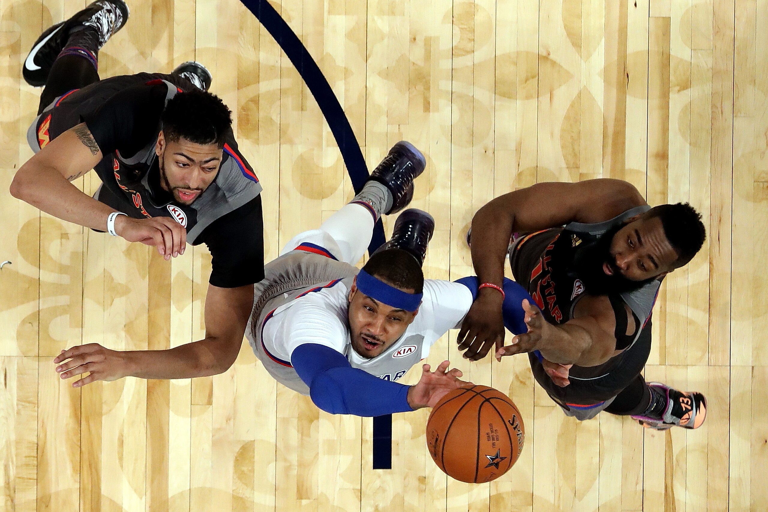 NEW ORLEANS, LA - FEBRUARY 19:  Carmelo Anthony #7 of the New York Knicks takes a shot against Anthony Davis #23 of the New Orleans Pelicans and James Harden #13 of the Houston Rockets during 2017 NBA All-Star Game at Smoothie King Center on February 19, 