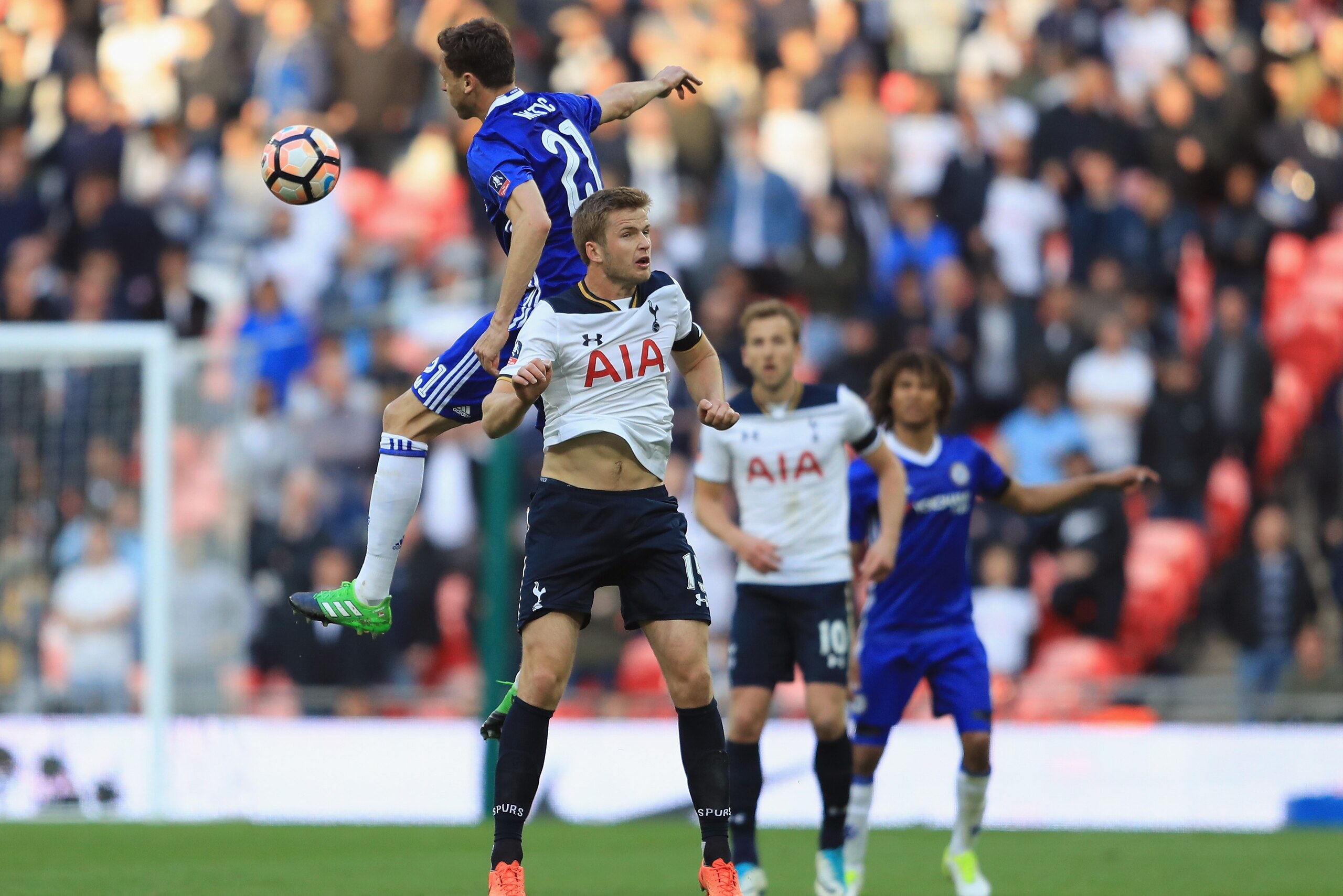 LONDON, ENGLAND - APRIL 22:  Nemanja Matic of Chelsea and Eric Dier of Tottenham Hotspur in action during The Emirates FA Cup Semi-Final between Chelsea and Tottenham Hotspur at Wembley Stadium on April 22, 2017 in London, England.  (Photo by Richard Heat