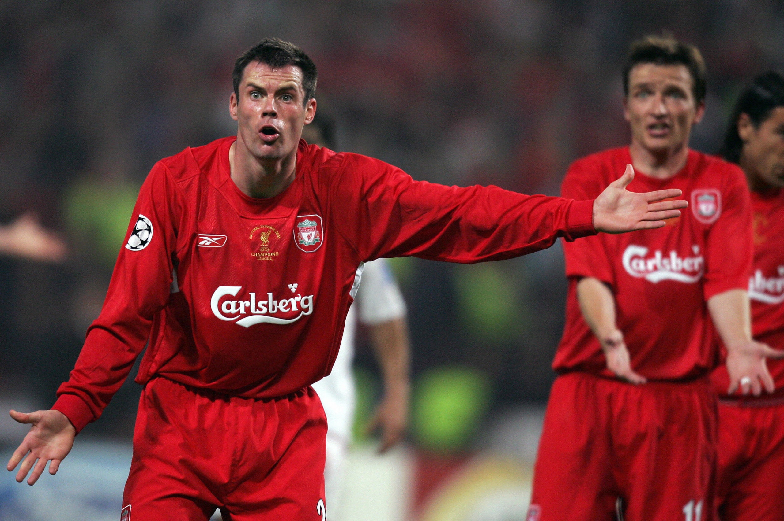 Istanbul, Turkey:  Liverpool's defender Jamie Carragher (L) reacts during the UEFA Champions league football final AC Milan vs Liverpool, 25 May 2005 at the Ataturk Stadium in Istanbul. AC Milan vs Liverpool 3-3.  AFP PHOTO CARL DE SOUZA  (Photo credit sh