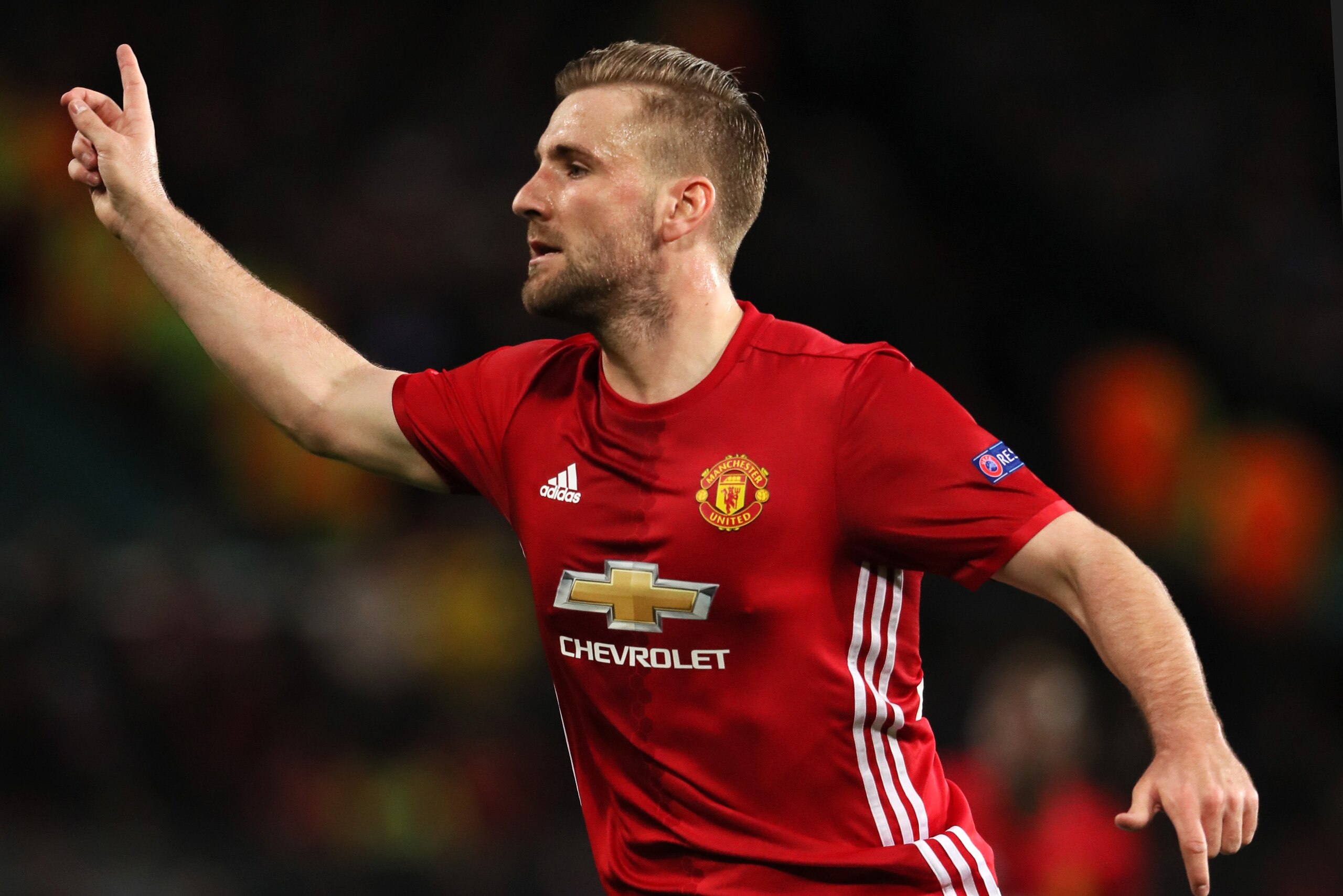 MANCHESTER, ENGLAND - APRIL 20:  Luke Shaw of Manchester United reacts during the UEFA Europa League quarter final second leg match between Manchester United and RSC Anderlecht at Old Trafford on March 20, 2017 in Manchester, United Kingdom.  (Photo by Ma