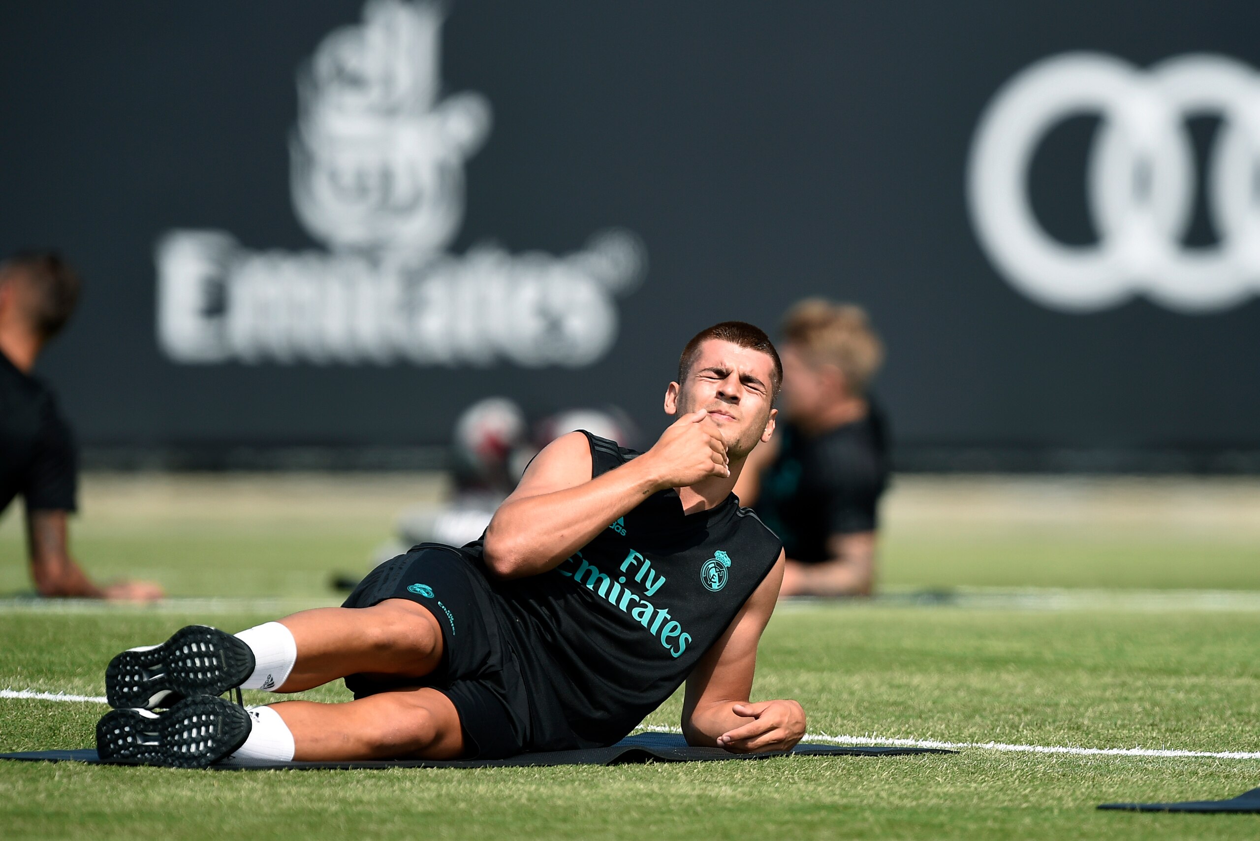 LOS ANGELES, CA - JULY 12: Alvaro Morata #21 of the Real Madrid stretches during training for Tour 2017 on the campus of UCLA July 12, 2017, in Los Angeles, California. (Photo by Kevork Djansezian/Getty Images)
