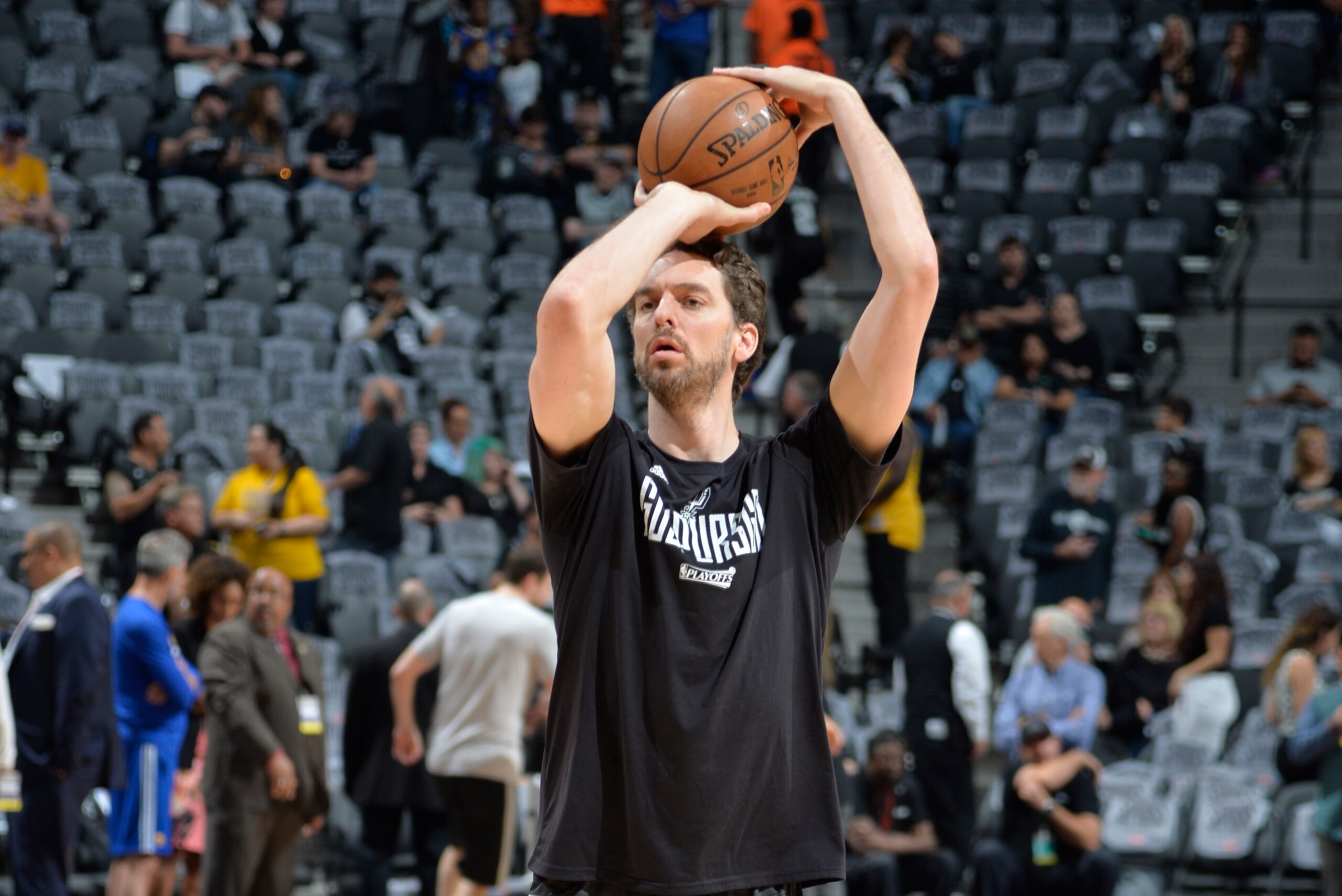 SAN ANTONIO, TX - MAY 22:  Pau Gasol #16 of the San Antonio Spurs warms up before the game against the Golden State Warriors during Game Four of the Western Conference Finals of the 2017 NBA Playoffs on MAY 22, 2017 at the AT&T Center in San Antonio, Texa