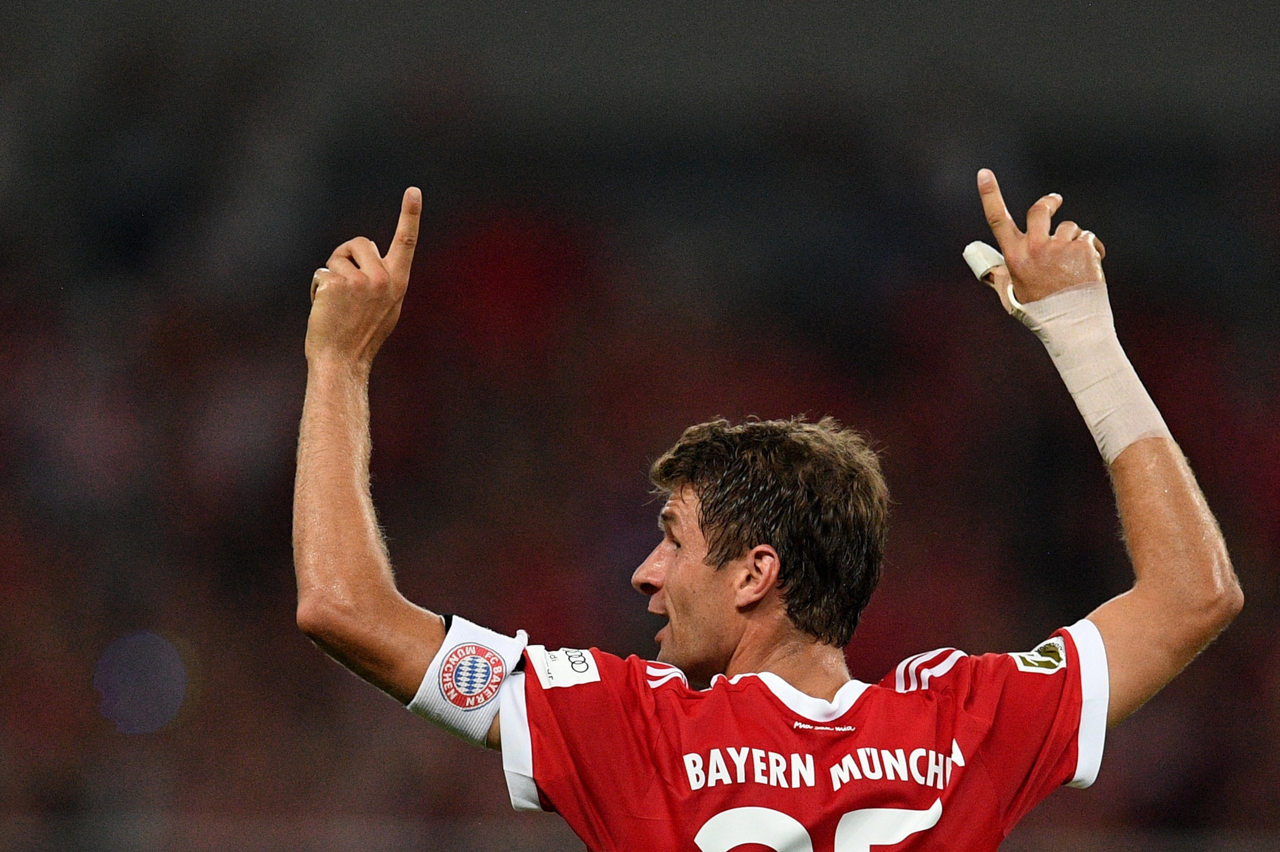 Bayern Munich's forward Thomas Mueller reacts during the International Champions Cup football match between Bayern Munich and Arsenal in Shanghai on July 19, 2017.   / AFP PHOTO / Johannes EISELE        (Photo credit should read JOHANNES EISELE/AFP/Getty 