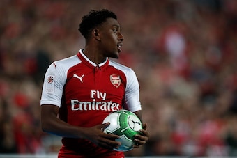 SYDNEY, AUSTRALIA - JULY 15: Alex Iwobi of Arsenal looks to take a throw-in during the match between the Western Sydney Wanderers and Arsenal FC at ANZ Stadium on July 15, 2017 in Sydney, Australia.  (Photo by Zak Kaczmarek/Getty Images)