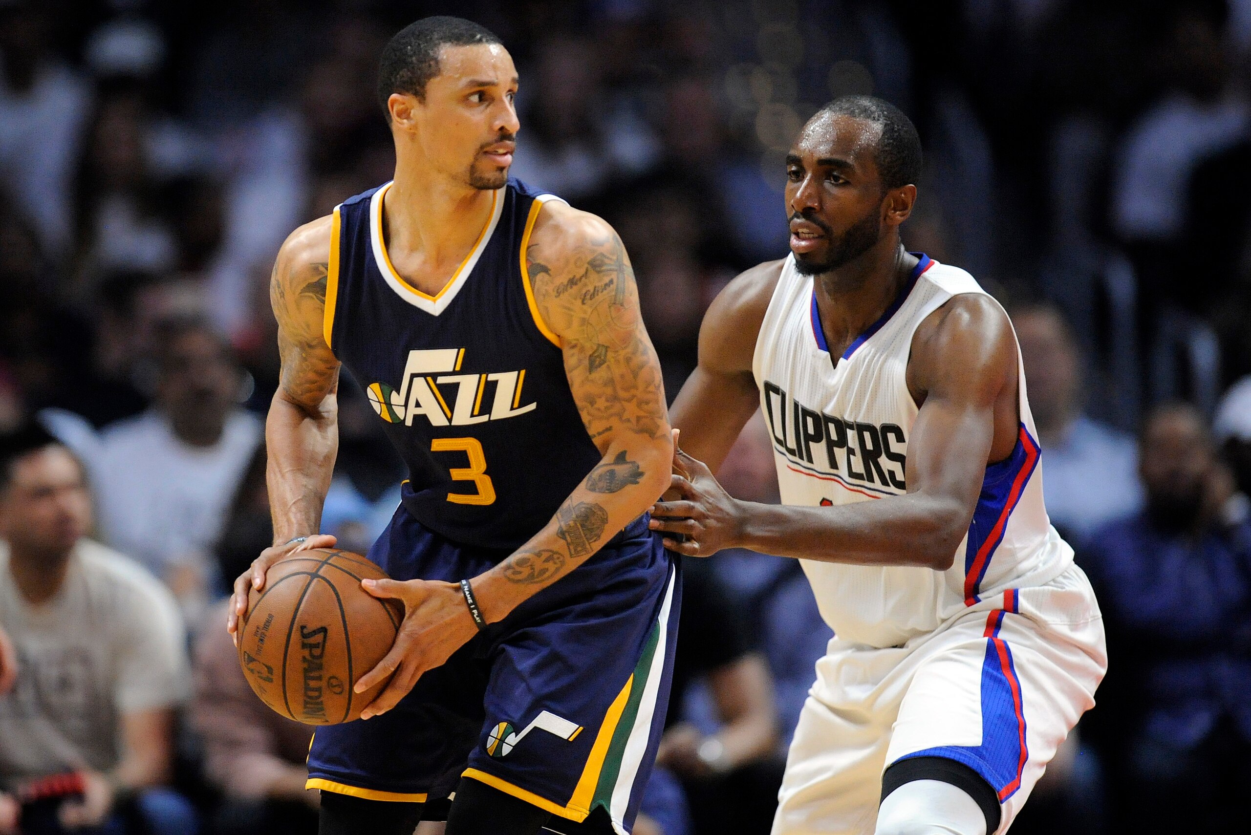 April 18, 2017; Los Angeles, CA, USA; Utah Jazz guard George Hill (3) moves the ball against Los Angeles Clippers forward Luc Mbah a Moute (12) during the second half in game two of the first round of the 2017 NBA Playoffs at Staples Center. Mandatory Cre