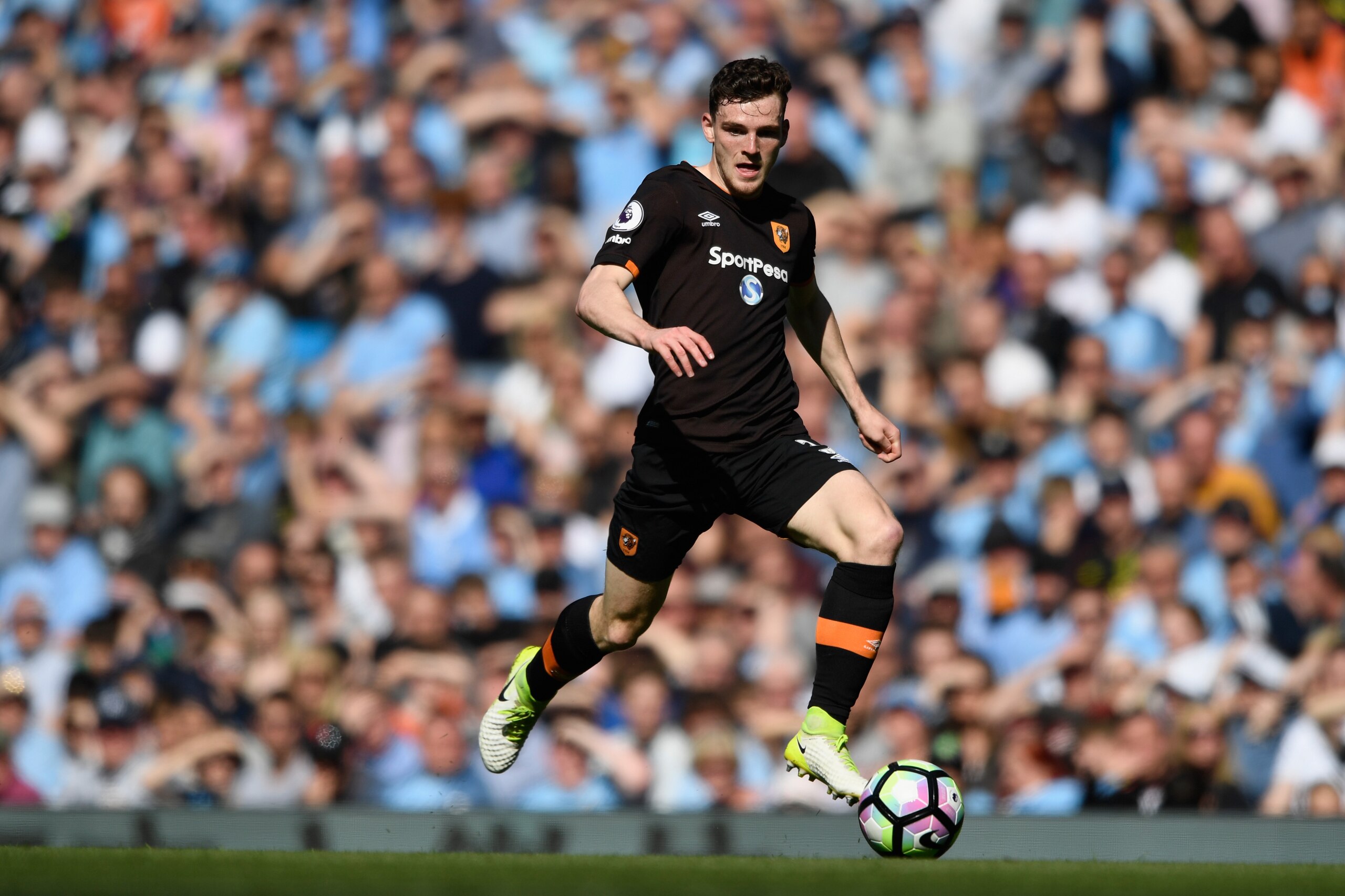 MANCHESTER, ENGLAND - APRIL 08:  Andrew Robertson of Hull in action during the Premier League match between Manchester City and Hull City at Etihad Stadium on April 8, 2017 in Manchester, England.  (Photo by Stu Forster/Getty Images)