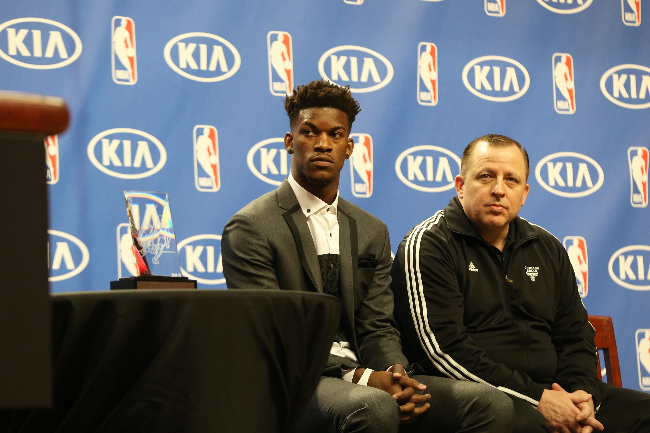 CHICAGO, IL - MAY 7: Jimmy Butler #21 head coach Tom Thibodeau of the Chicago Bulls during the 2014-15 KIA NBA Most Improved Player Award on May 7, 2015 at the United Center in Chicago, Illinois. NOTE TO USER: User expressly acknowledges and agrees that, 