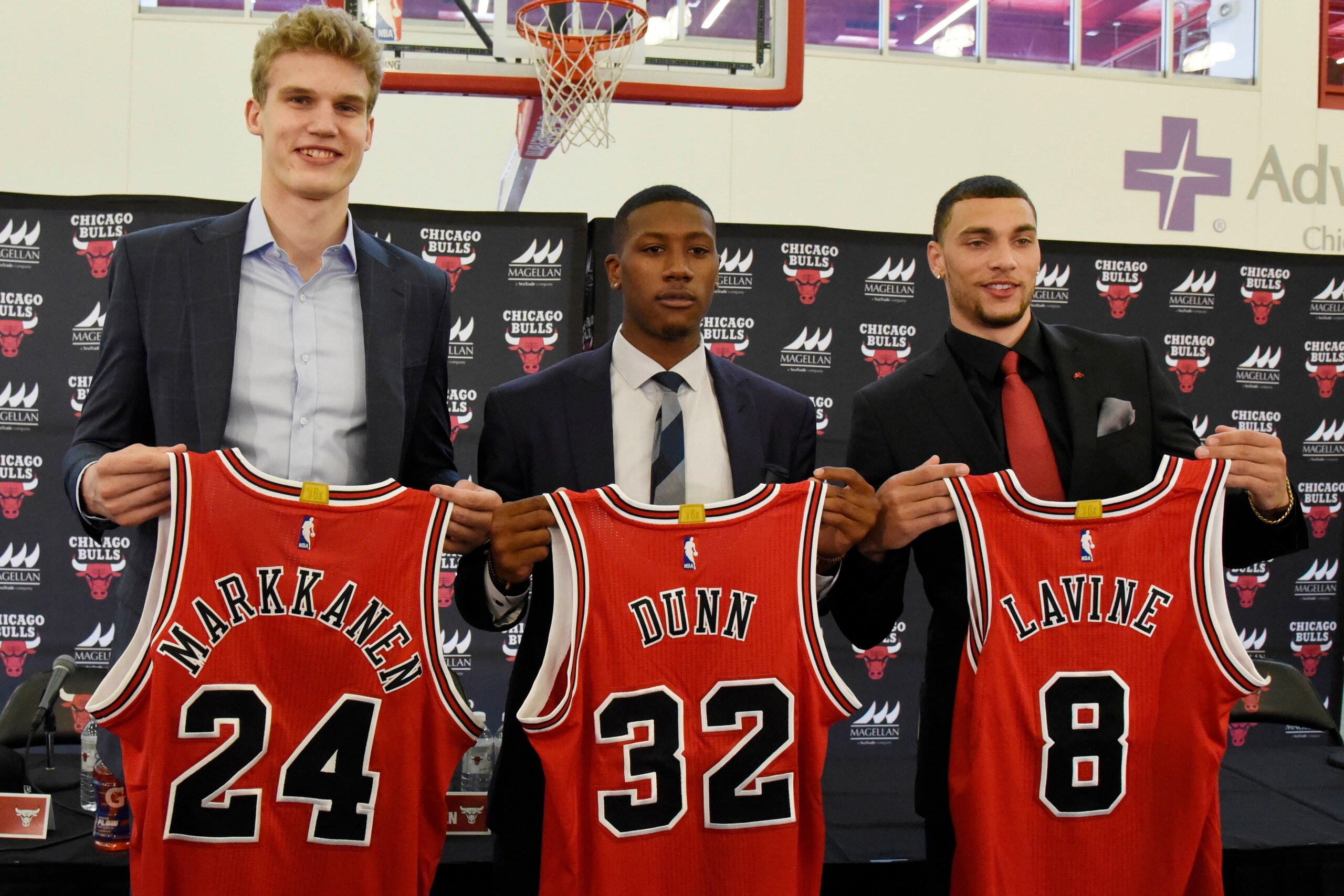 Jun 27, 2017; Chicago, IL, USA; Chicago Bulls players from left Lauri Markkanen , Kris Dunn, and Zach LaVine pose for photos after a press conference at Advocate Center. Mandatory Credit: David Banks-USA TODAY Sports