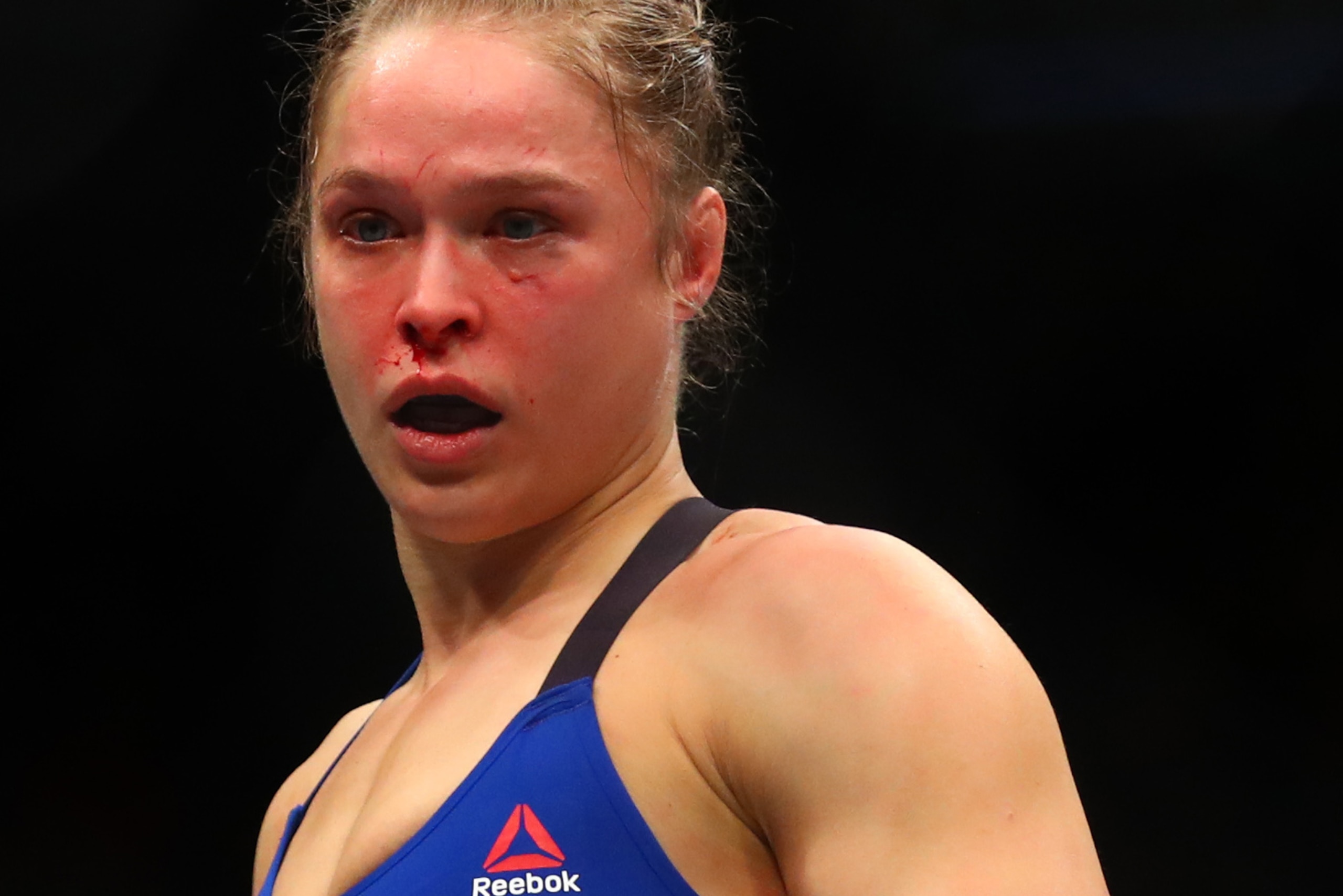 December 30, 2016; Las Vegas, NV, USA; Ronda Rousey reacts after a TKO by Amanda Nunes (not pictured) during UFC 207 at T-Mobile Arena. Mandatory Credit: Mark J. Rebilas-USA TODAY Sports December 30, 2016; Las Vegas, NV, USA; Ronda Rousey reacts after a TKO by Amanda Nunes (not pictured) during UFC 207 at T-Mobile Arena. Mandatory Credit: Mark J. Rebilas-USA TODAY Sports