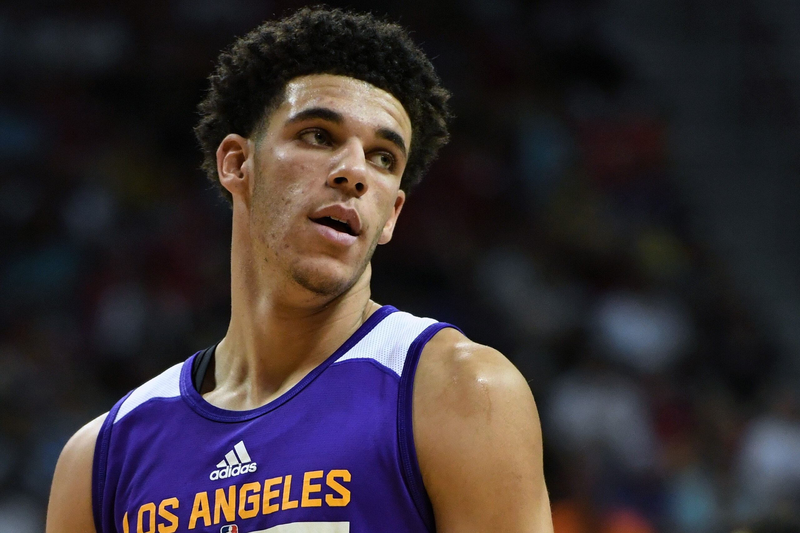 LAS VEGAS, NV - JULY 16:  Lonzo Ball #2 of the Los Angeles Lakers stands on the court during a semifinal game of the 2017 Summer League against the Dallas Mavericks at the Thomas & Mack Center on July 16, 2017 in Las Vegas, Nevada. Los Angeles won 108-98.