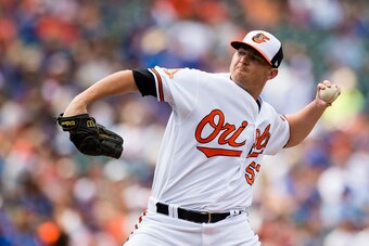 BALTIMORE, MD - JULY 16: Zach Britton #53 of the Baltimore Orioles throws a pitch to a Chicago Cubs batter in the seventh inning during a game at Oriole Park at Camden Yards on July 16, 2017 in Baltimore, Maryland. (Photo by Patrick McDermott/Getty Images