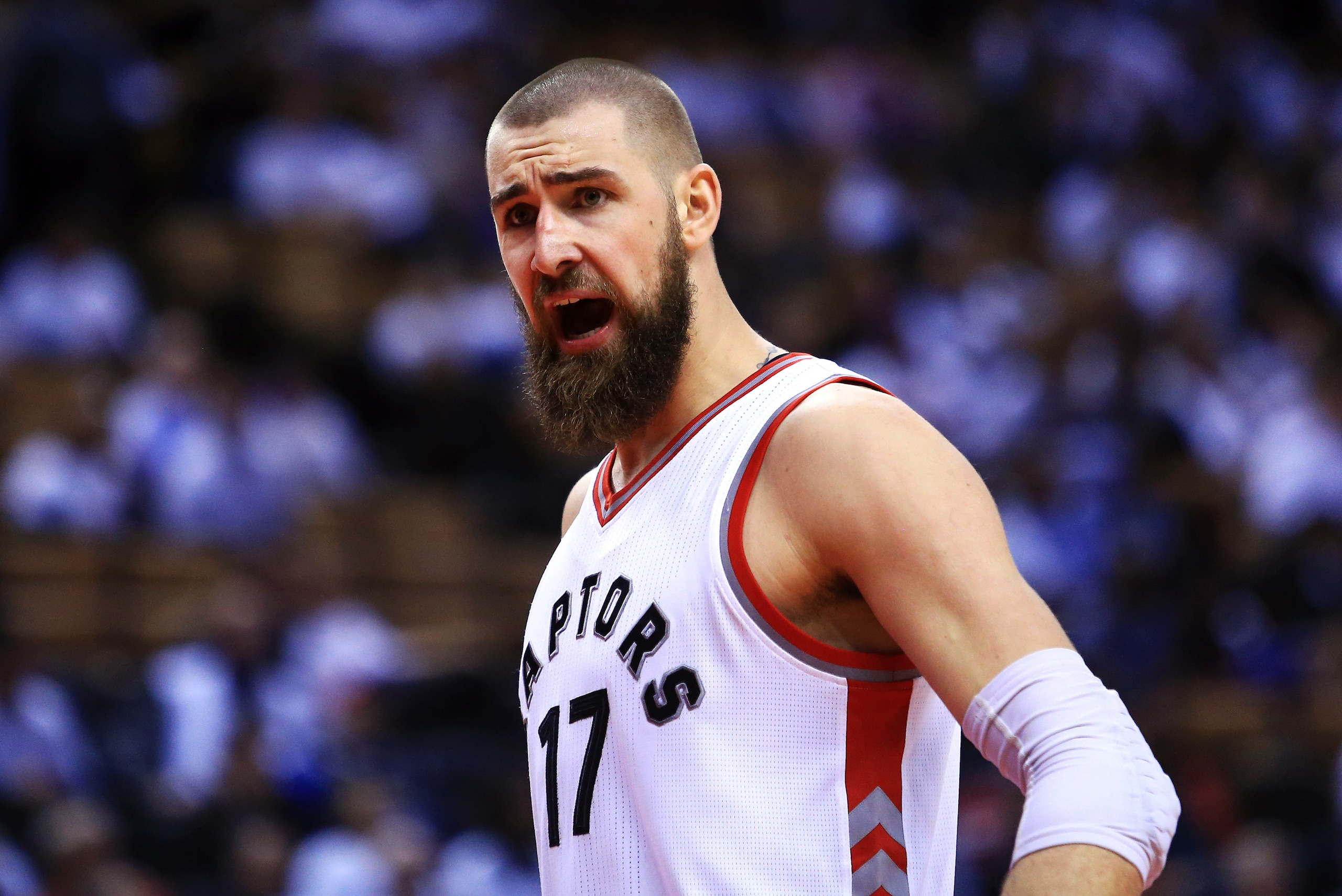 TORONTO, ON - MAY 05:  Jonas Valanciunas #17 of the Toronto Raptors shouts to an official in the second half of Game Three of the Eastern Conference Semifinals against the Cleveland Cavaliers during the 2017 NBA Playoffs at Air Canada Centre on May 5, 201
