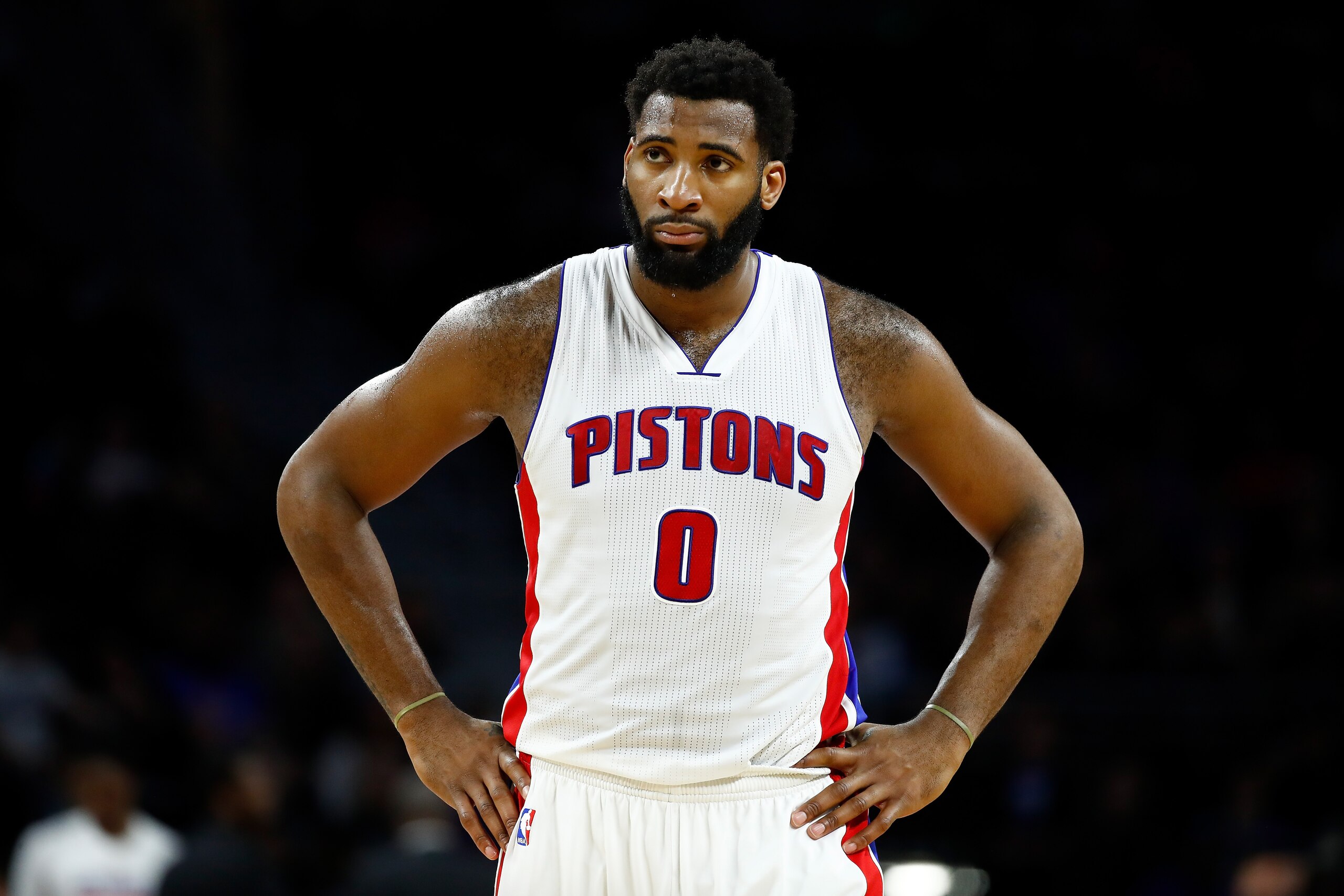 AUBURN HILLS, MI - APRIL 05: Andre Drummond #0 of the Detroit Pistons reacts late in the game during a 105-103 loss to the Toronto Raptors at the Palace of Auburn Hills on April 5, 2017 in Auburn Hills, Michigan. NOTE TO USER: User expressly acknowledges 