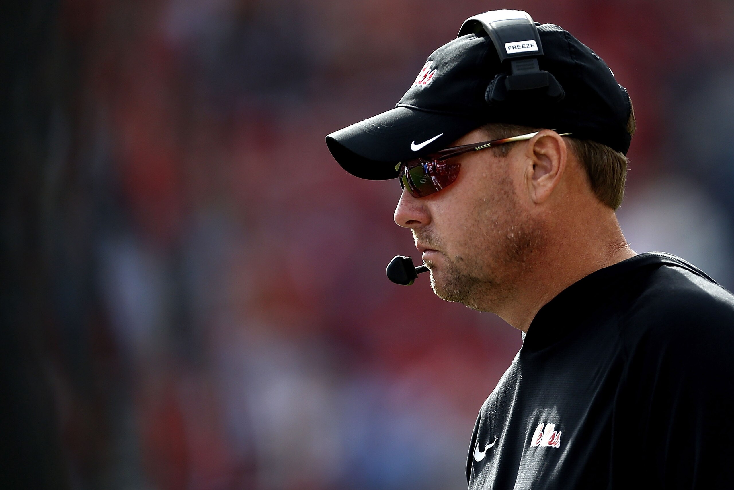 OXFORD, MS - NOVEMBER 05: Head coach Hugh Freeze of the Mississippi Rebels reacts during the first half of a game against the Georgia Southern Eagles at Vaught-Hemingway Stadium on November 5, 2016 in Oxford, Mississippi. (Photo by Jonathan Bachman/Getty 