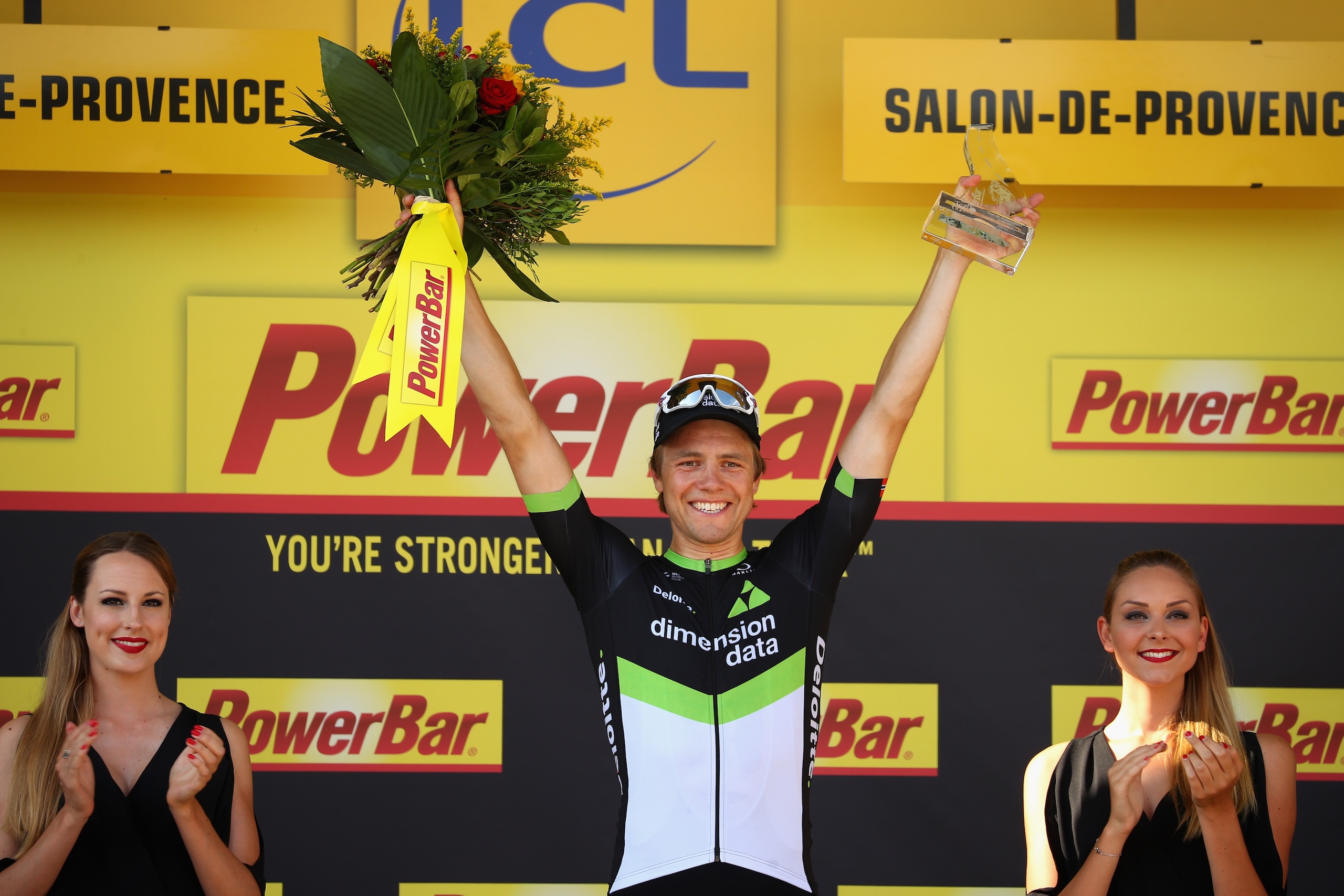 SALON-DE-PROVENCE, FRANCE - JULY 21:  Stage winner Edvald Boasson Hagen of Norway riding for Team Dimension Data celebrates on the podium after stage nineteen of the 2017 Tour de France, a 222.5km stage from Embrun to Salon-de-Provence on July 21, 2017 in