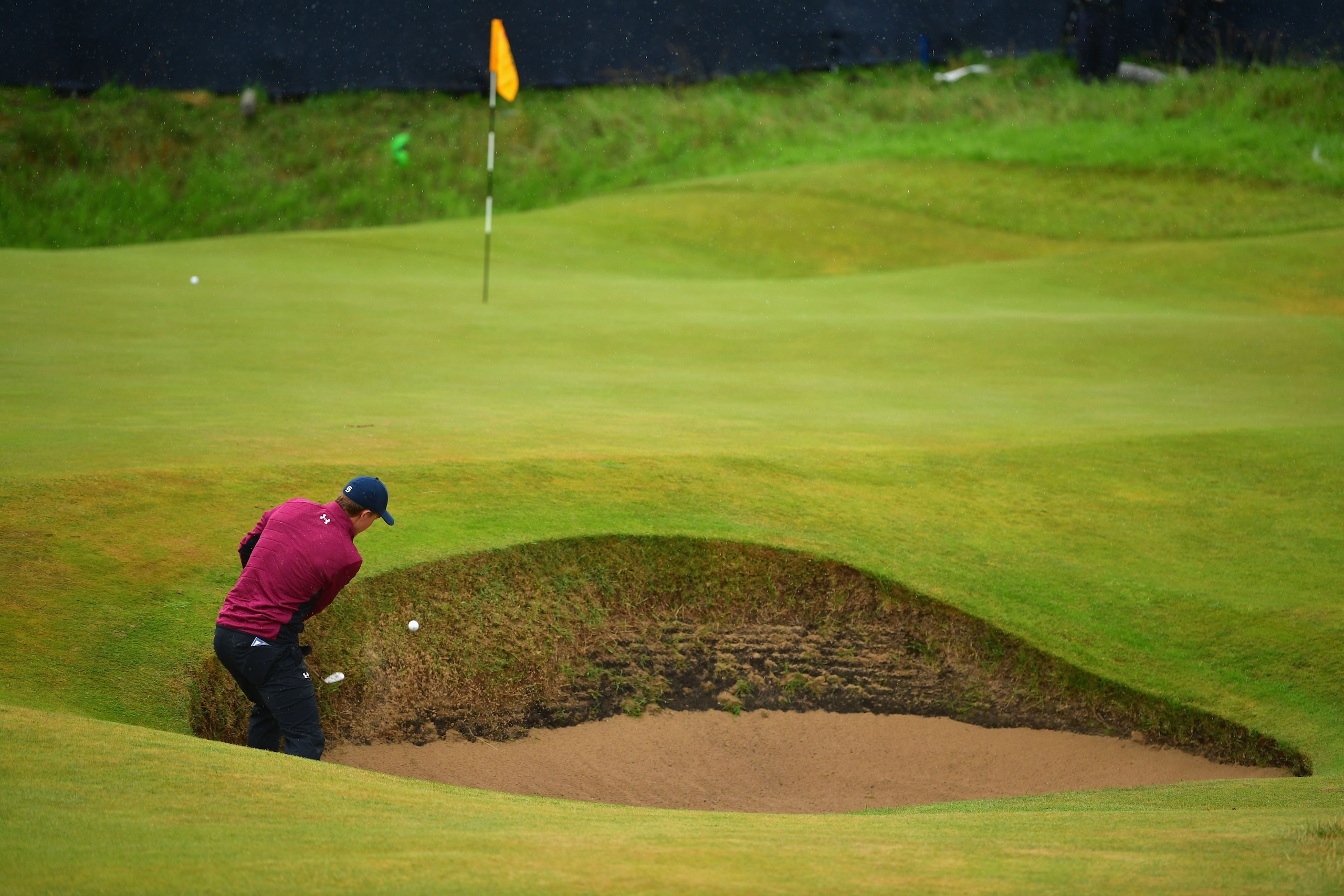 SOUTHPORT, ENGLAND - JULY 21:  Jordan Spieth of the United States hits a bunker shot on the 14th hole during the second round of the 146th Open Championship at Royal Birkdale on July 21, 2017 in Southport, England.  (Photo by Stuart Franklin/Getty Images)