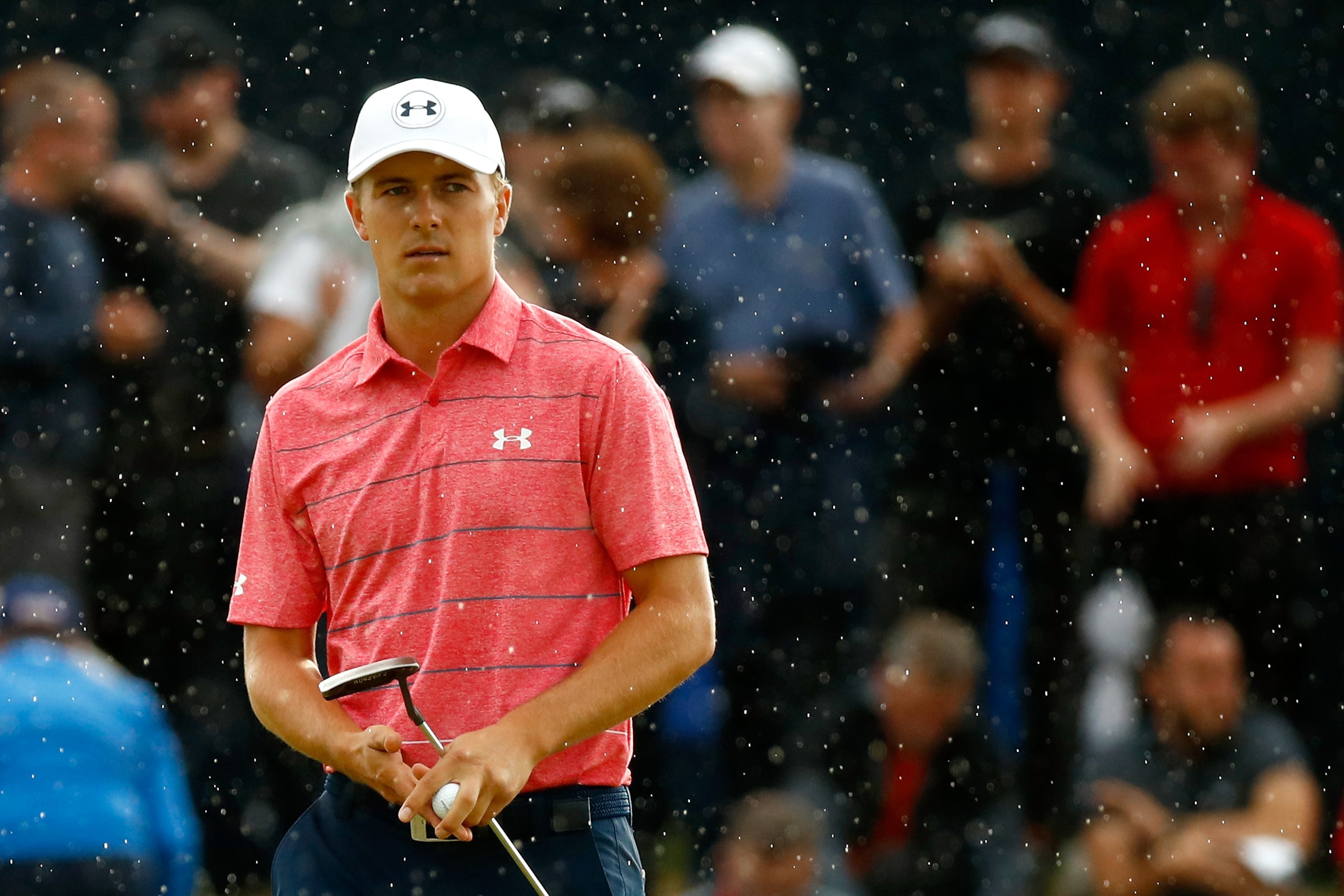 SOUTHPORT, ENGLAND - JULY 22:  Jordan Spieth of the United States smiles in the rain during the third round of the 146th Open Championship at Royal Birkdale on July 22, 2017 in Southport, England.  (Photo by Gregory Shamus/Getty Images)