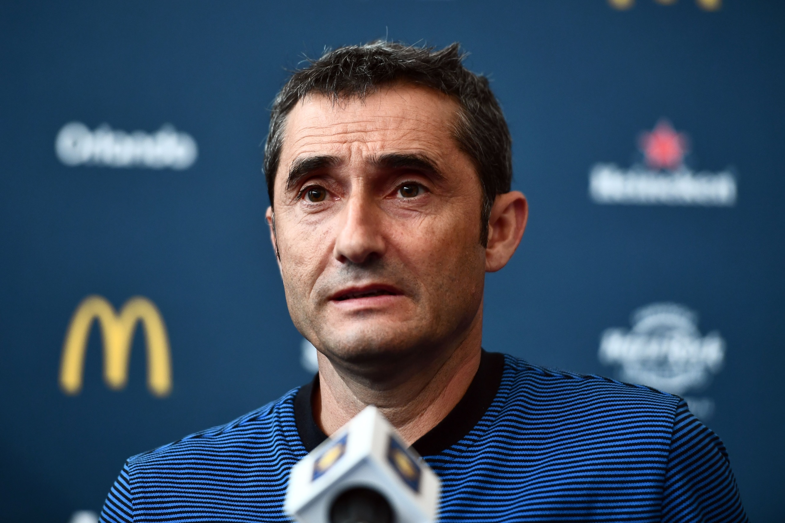 Barcelona's coach Ernesto Valverde speaks during a press conference at the Red Bull Arena in Harrison, New Jersey, on July 21, 2017, a day before his team's match against Juventus FC.  / AFP PHOTO        (Photo credit should read /AFP/Getty Images)