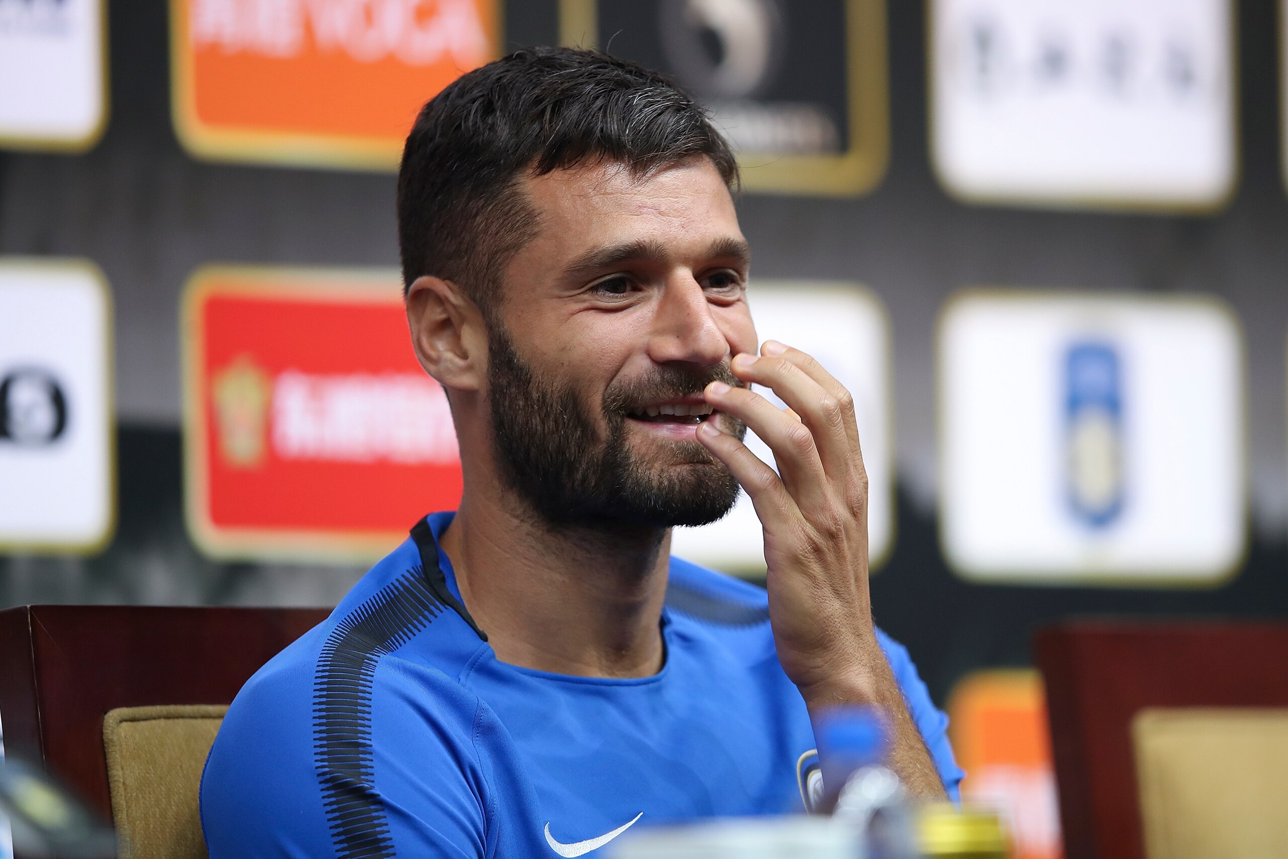 NANJING, CHINA - JULY 23:  Antonio Candreva of FC Internazionale attends the a press conference ahead of the 2017 International Champions Cup football match between Olympique Lyonnais and FC Internazionale at Olympic Sports Centre Stadium on July 23, 2017