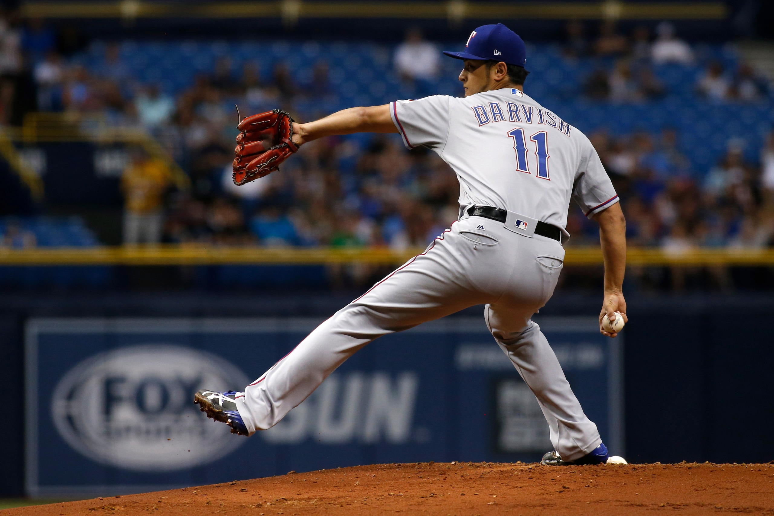 ST. PETERSBURG, FL - JULY 21: Yu Darvish #11 of the Texas Rangers pitches during the first inning of a game against the Tampa Bay Rays on July 21, 2017 at Tropicana Field in St. Petersburg, Florida. (Photo by Brian Blanco/Getty Images) ST. PETERSBURG, FL - JULY 21: Yu Darvish #11 of the Texas Rangers pitches during the first inning of a game against the Tampa Bay Rays on July 21, 2017 at Tropicana Field in St. Petersburg, Florida. (Photo by Brian Blanco/Getty Images)