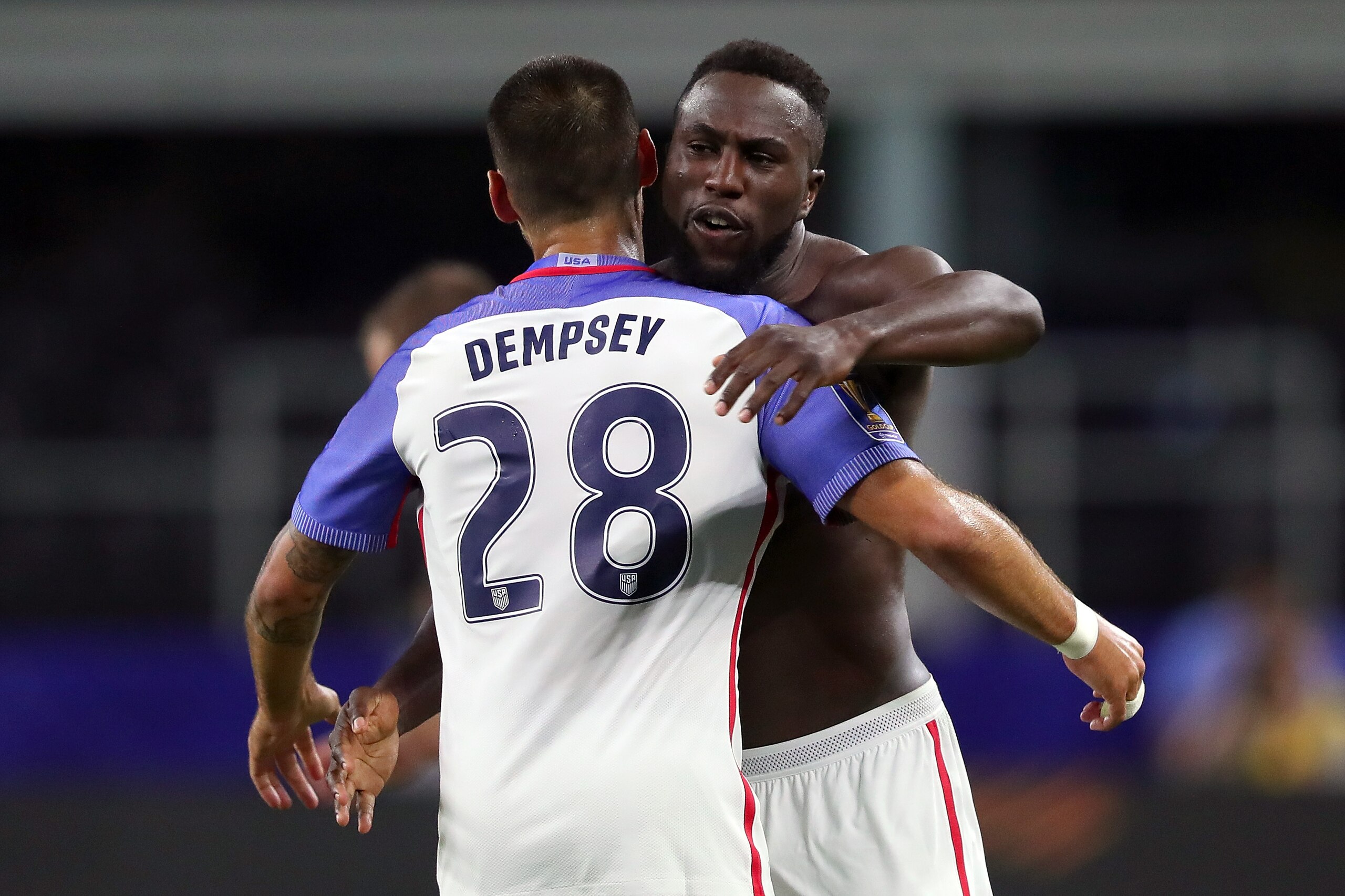 ARLINGTON, TX - JULY 22:  Jozy Altidore #27 of United States celebrates with Clint Dempsey #28 of United Statesafter scoring against Costa Rica during the 2017 CONCACAF Gold Cup Semifinal at AT&T Stadium on July 22, 2017 in Arlington, Texas.  (Photo by To