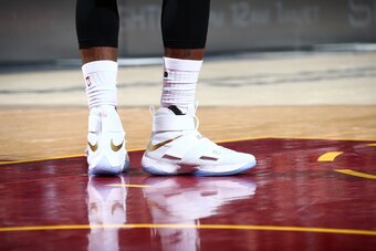 CLEVELAND, OH - JUNE 16:  The sneakers of LeBron James #23 of the Cleveland Cavaliers during the game against the Golden State Warriors during Game Six of the 2016 NBA Finals on June 16, 2016 at Quicken Loans Arena in Cleveland, Ohio. NOTE TO USER: User e