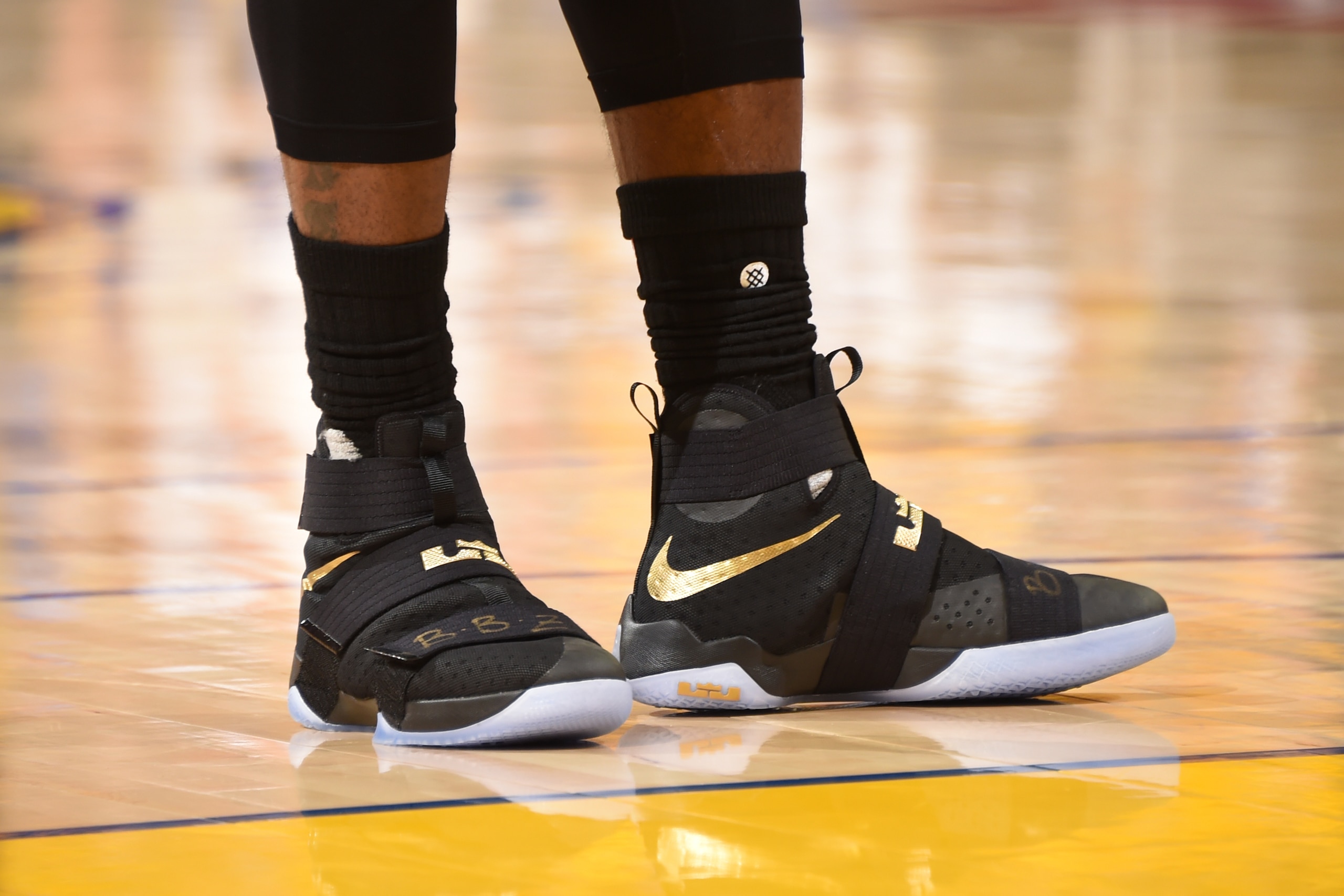 OAKLAND, CA - JUNE 19:  The sneakers of LeBron James #23 of the Cleveland Cavaliers during the game against the Golden State Warriors in Game Seven of the 2016 NBA Finals on June 19, 2016 at ORACLE Arena in Oakland, California. NOTE TO USER: User expressl