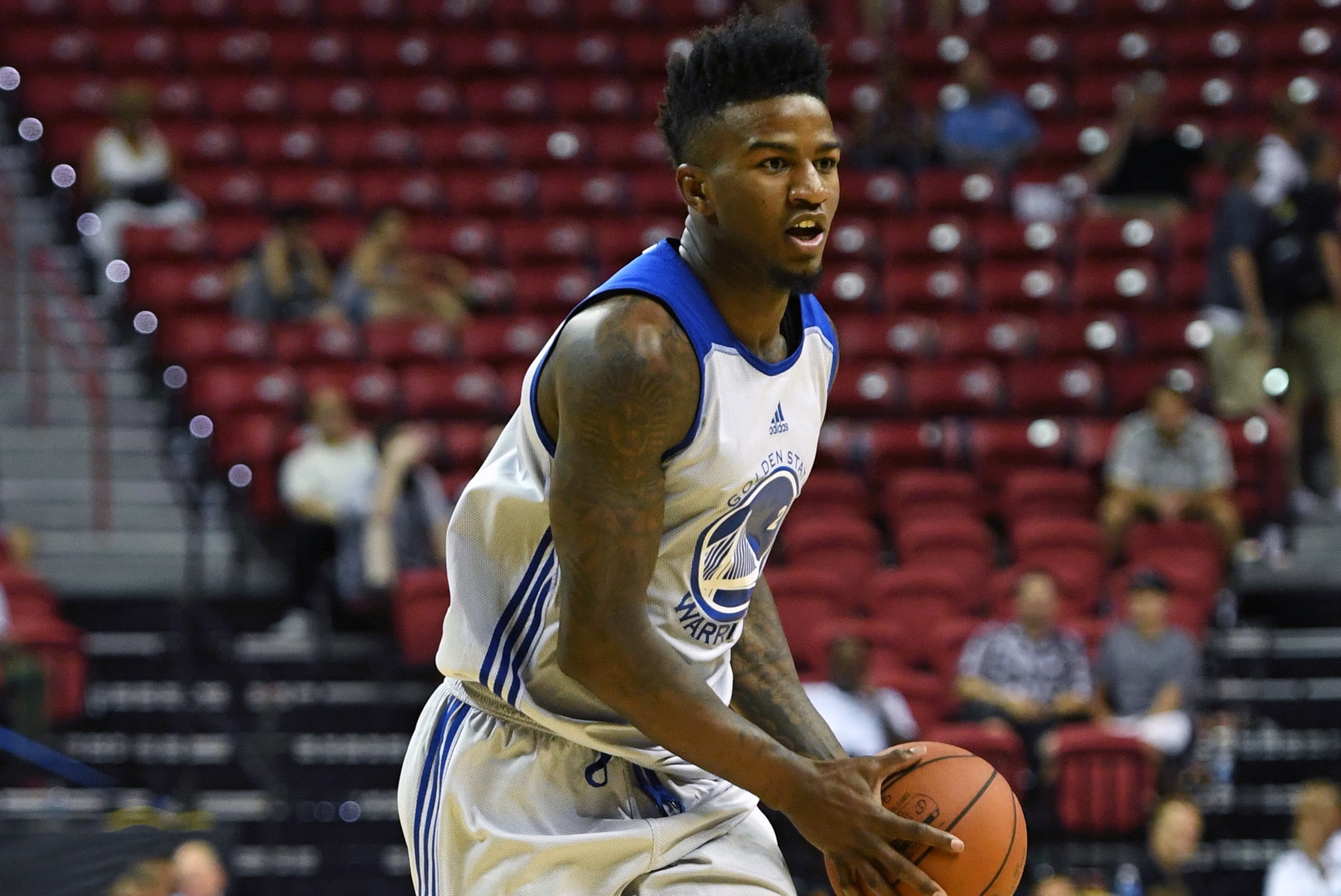 LAS VEGAS, NV - JULY 08:  Jordan Bell #2 of the Golden State Warriors brings the ball up the court against the Philadelphia 76ers during the 2017 Summer League at the Thomas & Mack Center on July 8, 2017 in Las Vegas, Nevada. Philadelphia won 95-93. NOTE 