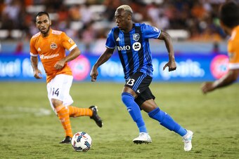 Jul 5, 2017; Houston, TX, USA; Montreal Impact midfielder Ballou Jean-Yves Tabla (13) controls the ball during the game against the Houston Dynamo at BBVA Compass Stadium. Mandatory Credit: Troy Taormina-USA TODAY Sports