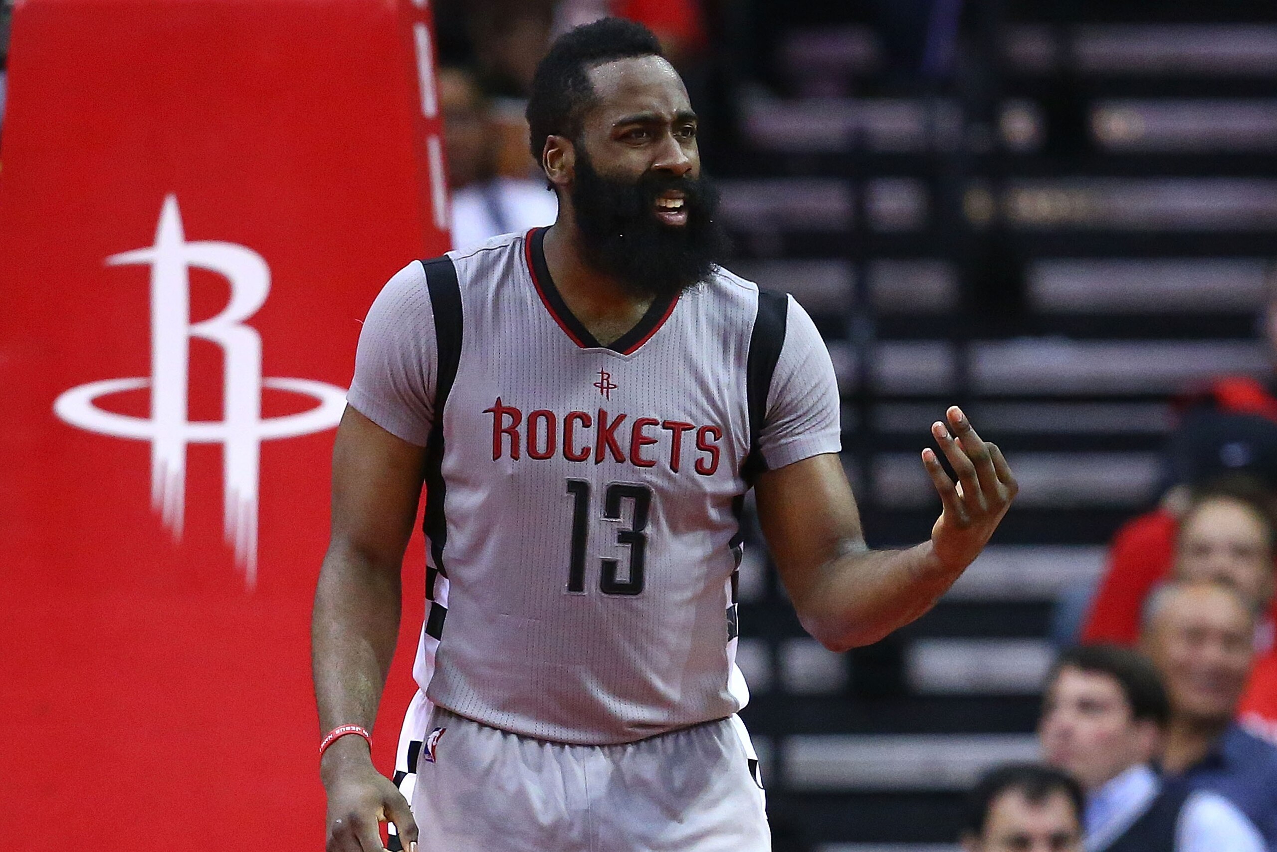 HOUSTON, TX - MAY 11:  James Harden #13 of the Houston Rockets reacts against the San Antonio Spurs during Game Six of the NBA Western Conference Semi-Finals at Toyota Center on May 11, 2017 in Houston, Texas.  NOTE TO USER: User expressly acknowledges an