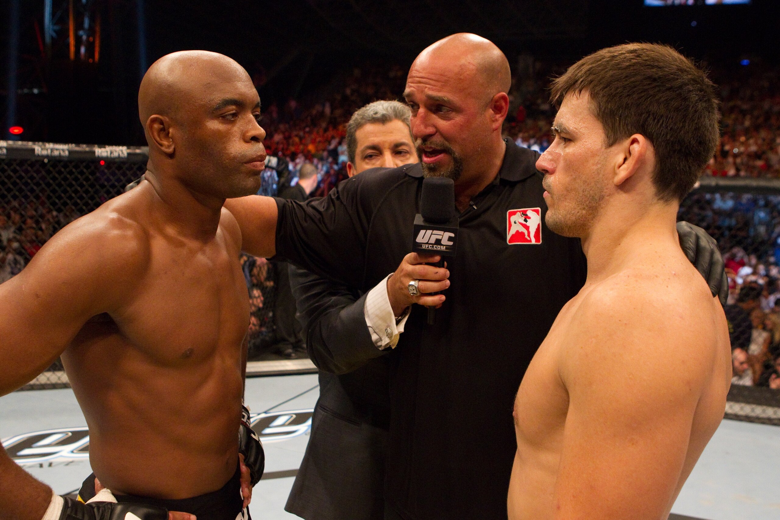 ABU DHABI, UNITED ARAB EMIRATES - APRIL 10:  Anderson Silva (black/yellow) def. Demian Maia (white shorts) - Unanimous Decision during UFC 112 at Yas Island on April 10, 2010 in Abu Dhabi, United Arab Emirates. (Photo by Josh Hedges/Zuffa LLC via Getty Im