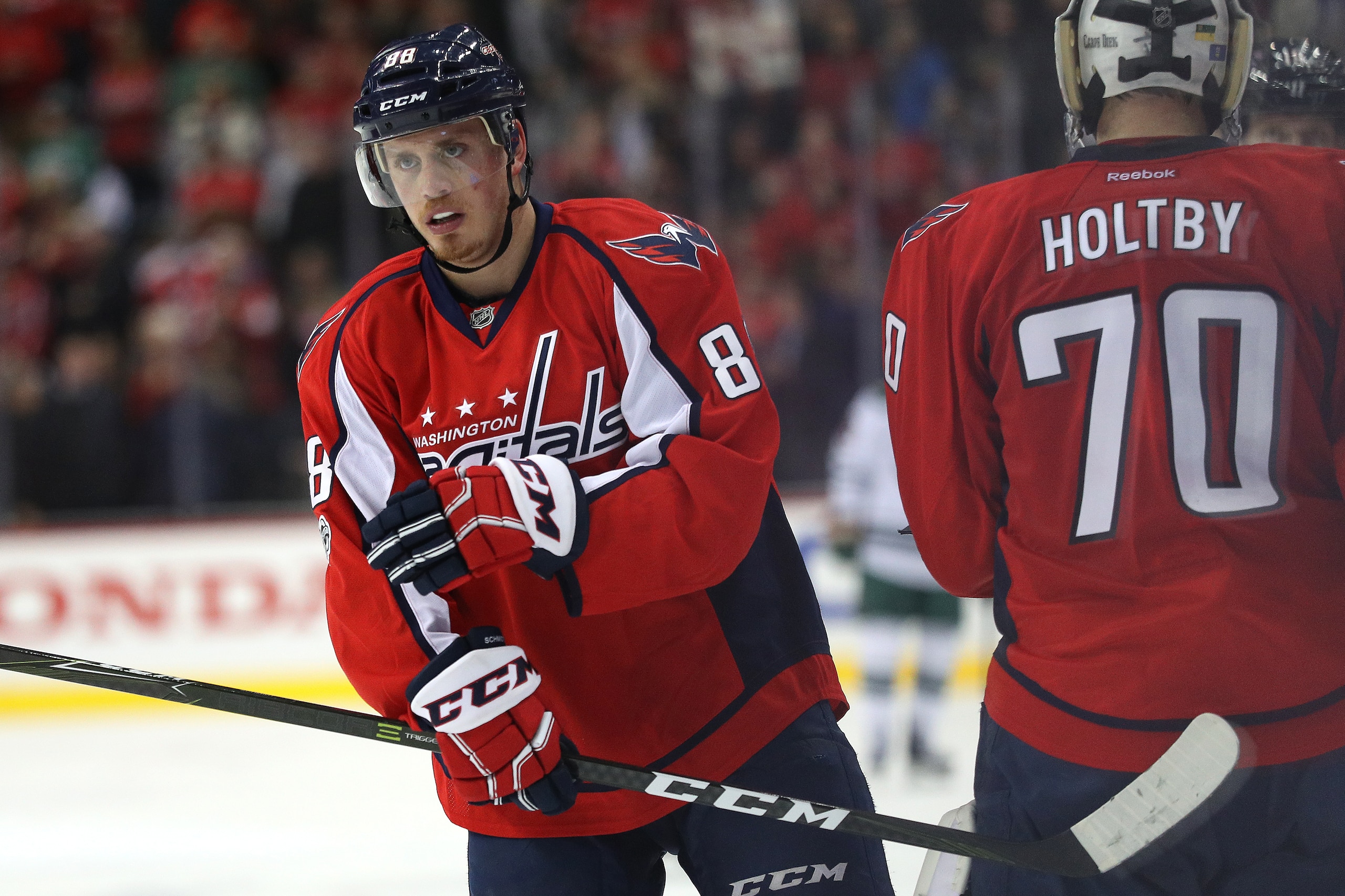 WASHINGTON, DC - MARCH 14: Nate Schmidt #88 of the Washington Capitals celebrates his first period goal against the Minnesota Wild at Verizon Center on March 14, 2017 in Washington, DC. (Photo by Patrick Smith/Getty Images)