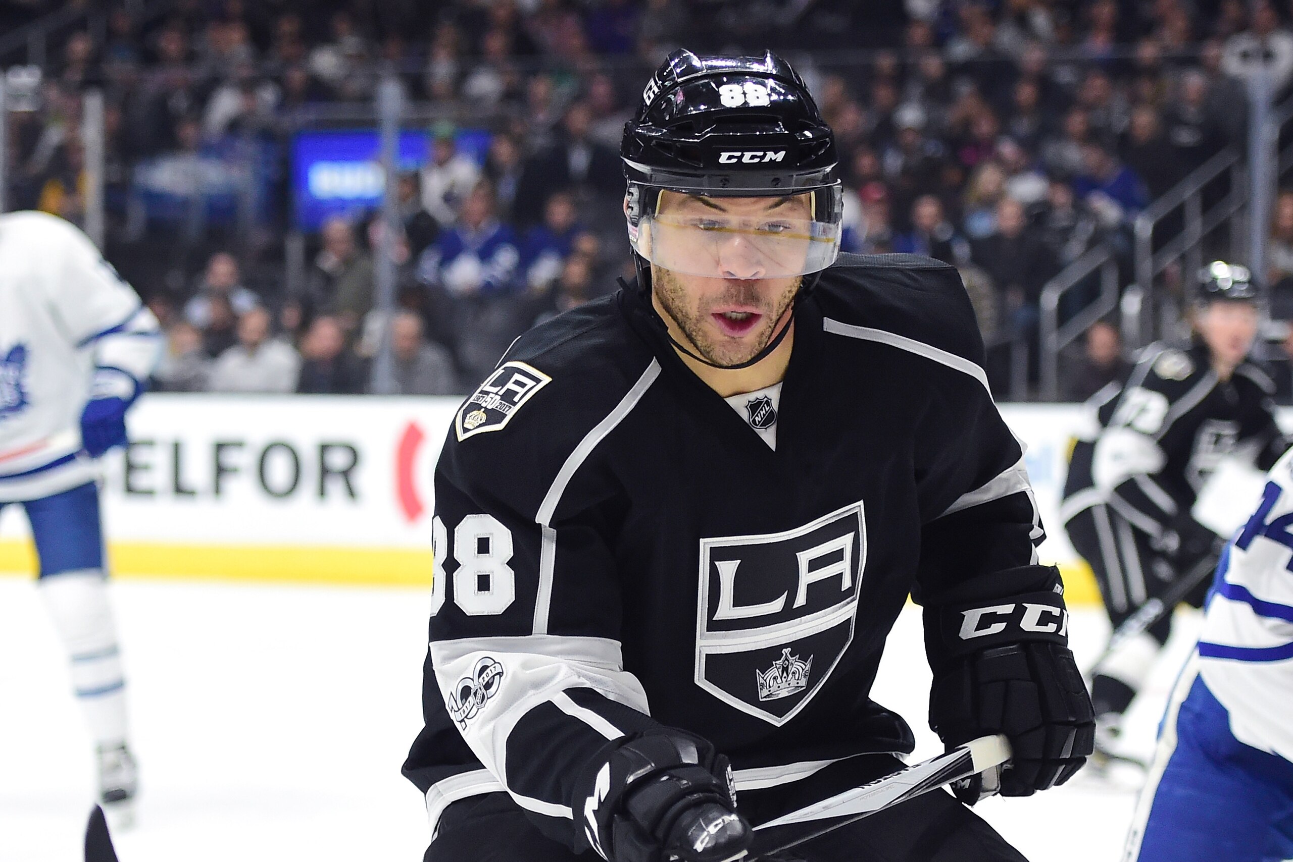 LOS ANGELES, CA - MARCH 02:  Jarome Iginla #88 of the Los Angeles Kings follows the puck to the corner during a 3-2 overtime shootout loss to the Toronto Maple Leafs at Staples Center on March 2, 2017 in Los Angeles, California.  (Photo by Harry How/Getty