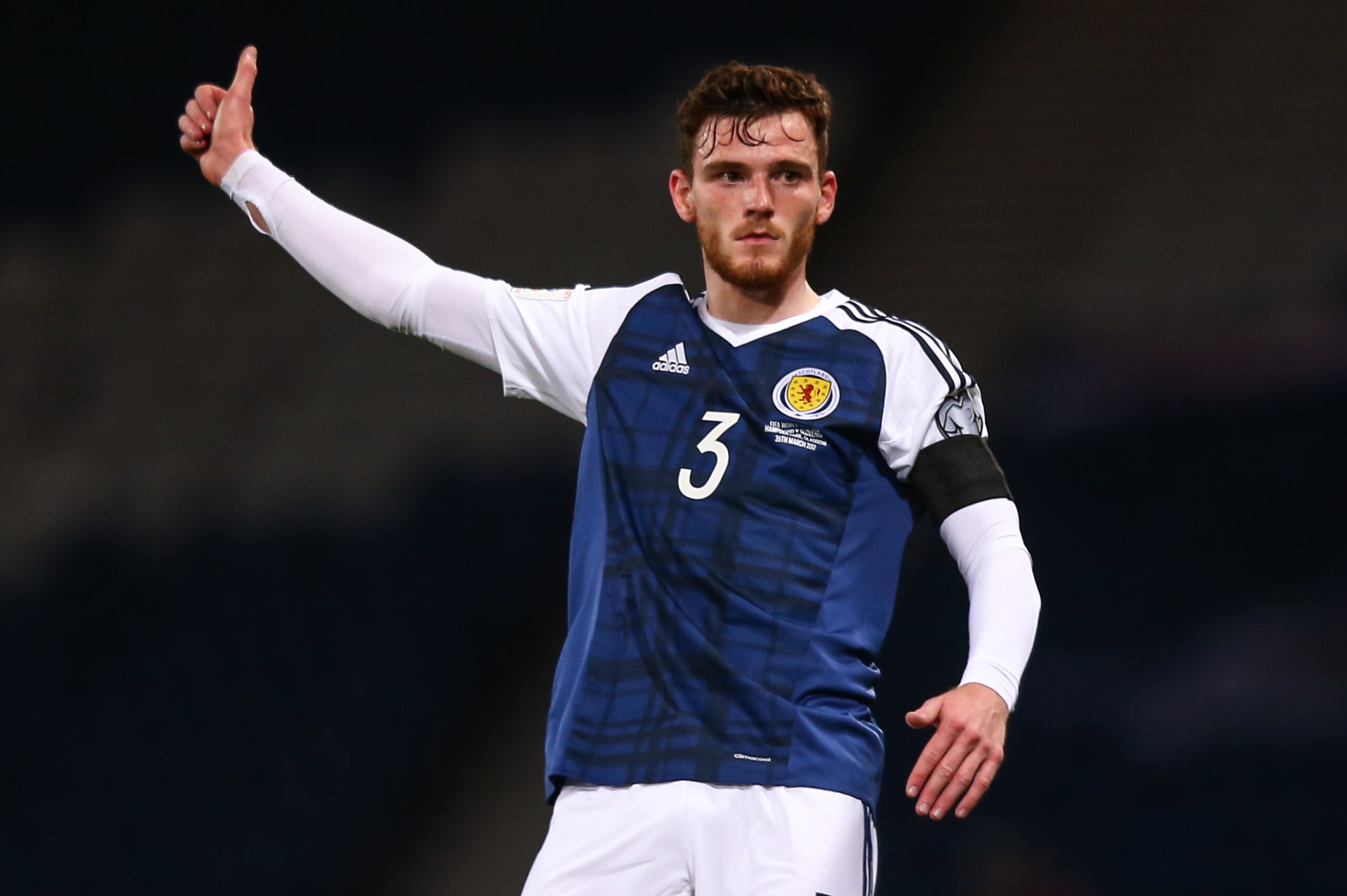 GLASGOW, SCOTLAND - MARCH 26: Andrew Robertson of Scotland during the FIFA 2018 World Cup Qualifier between Scotland and Slovenia at Hampden Park on March 26, 2017 in Glasgow, Scotland. (Photo by Robbie Jay Barratt - AMA/Getty Images) GLASGOW, SCOTLAND - MARCH 26: Andrew Robertson of Scotland during the FIFA 2018 World Cup Qualifier between Scotland and Slovenia at Hampden Park on March 26, 2017 in Glasgow, Scotland. (Photo by Robbie Jay Barratt - AMA/Getty Images)