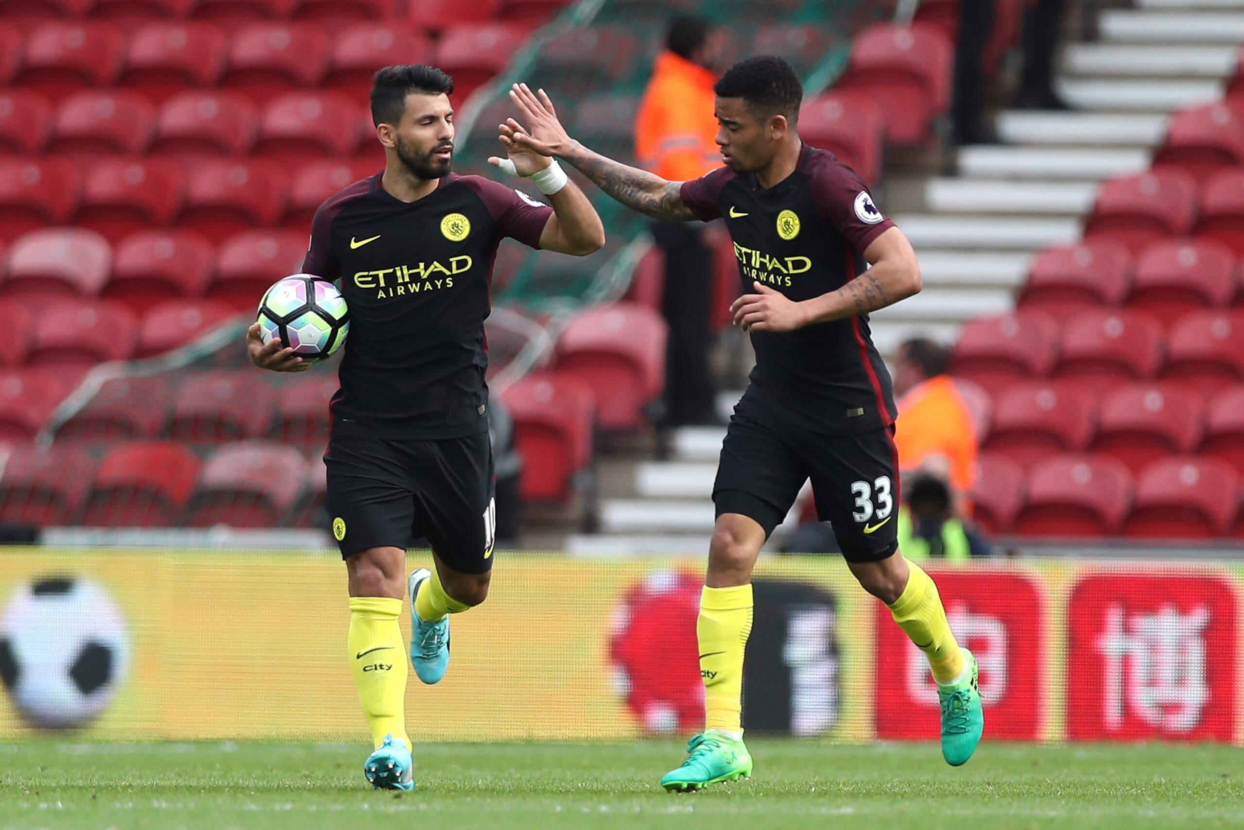 MIDDLESBROUGH, ENGLAND - APRIL 30: Sergio Aguero of Manchester City celebrates scoring his sides first goal from the penalty spot with Gabriel Jesus of Manchester City during the Premier League match between Middlesbrough and Manchester City at the River MIDDLESBROUGH, ENGLAND - APRIL 30: Sergio Aguero of Manchester City celebrates scoring his sides first goal from the penalty spot with Gabriel Jesus of Manchester City during the Premier League match between Middlesbrough and Manchester City at the River