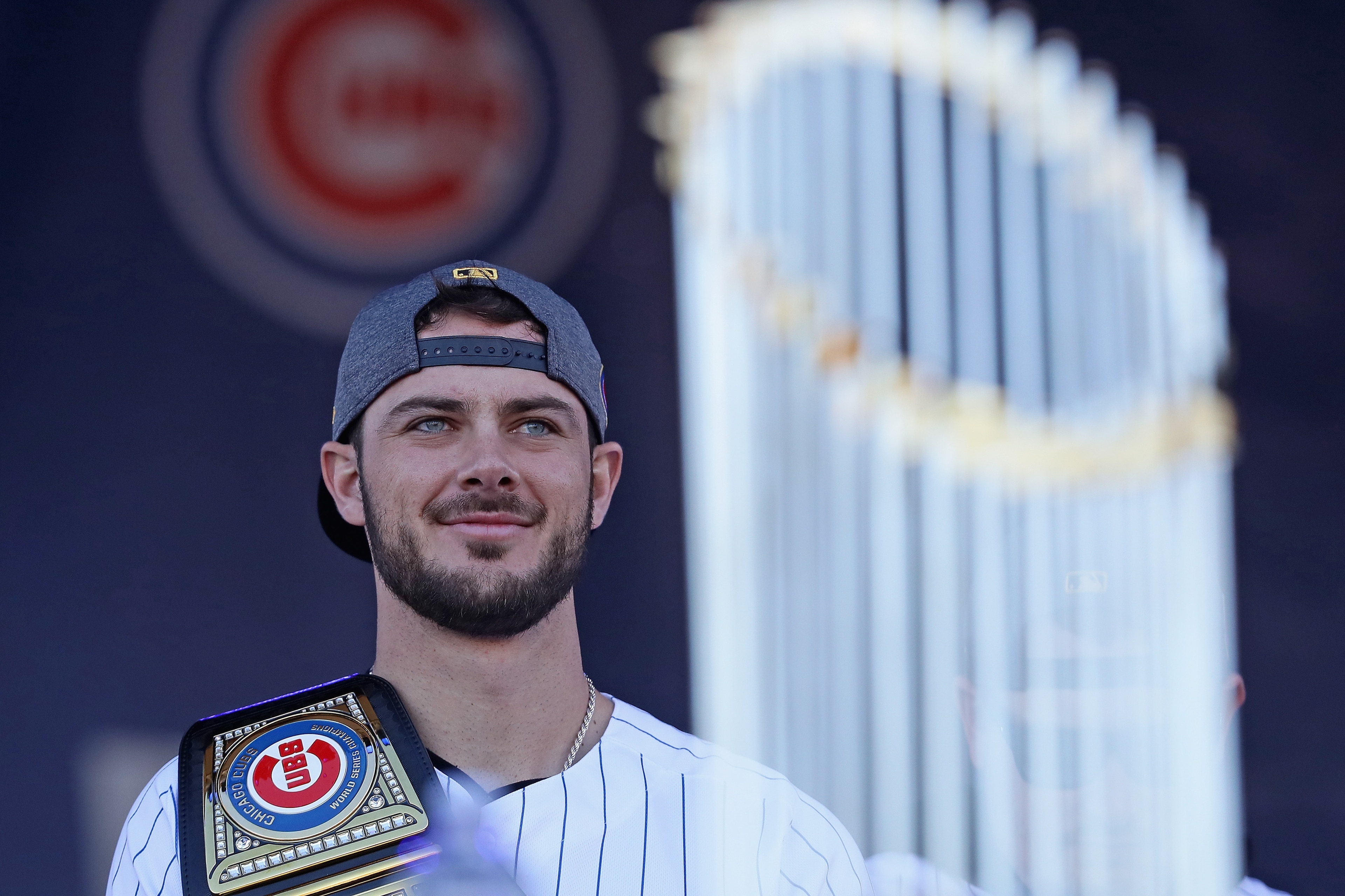 CHICAGO, IL - NOVEMBER 04: Kris Bryant of the Chicago Cubs is seen onstage during the Chicago Cubs victory celebration in Grant Park on November 4, 2016 in Chicago, Illinoiss. The Cubs won their first World Series championship in 108 years after defeating CHICAGO, IL - NOVEMBER 04: Kris Bryant of the Chicago Cubs is seen onstage during the Chicago Cubs victory celebration in Grant Park on November 4, 2016 in Chicago, Illinoiss. The Cubs won their first World Series championship in 108 years after defeating