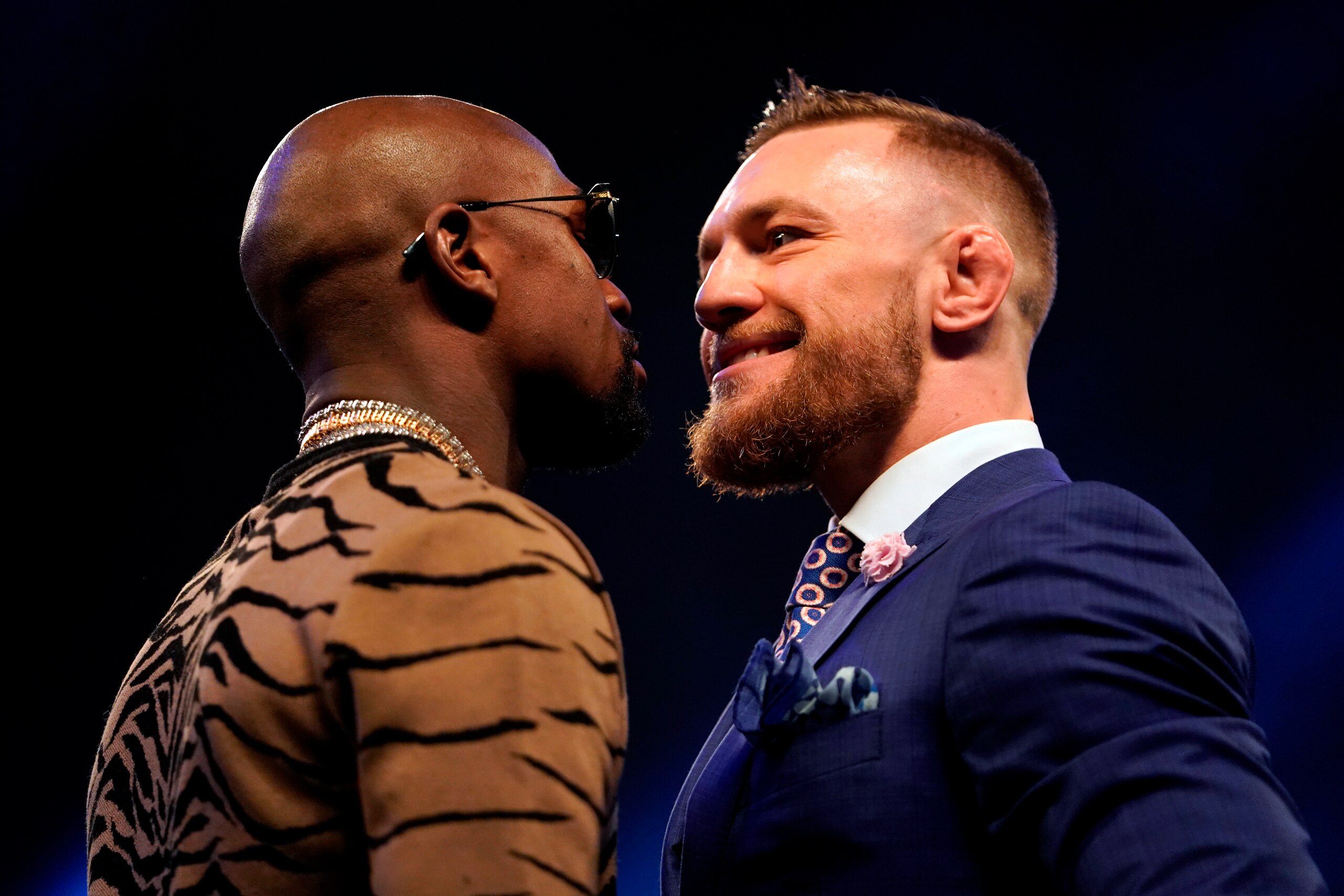 LONDON, ENGLAND - JULY 14:  (R-L) Conor McGregor and Floyd Mayweather Jr. face off during the Floyd Mayweather Jr. v Conor McGregor World Press Tour event at SSE Arena on July 14, 2017 in London, England. (Photo by Jeff Bottari/Zuffa LLC/Zuffa LLC via Get