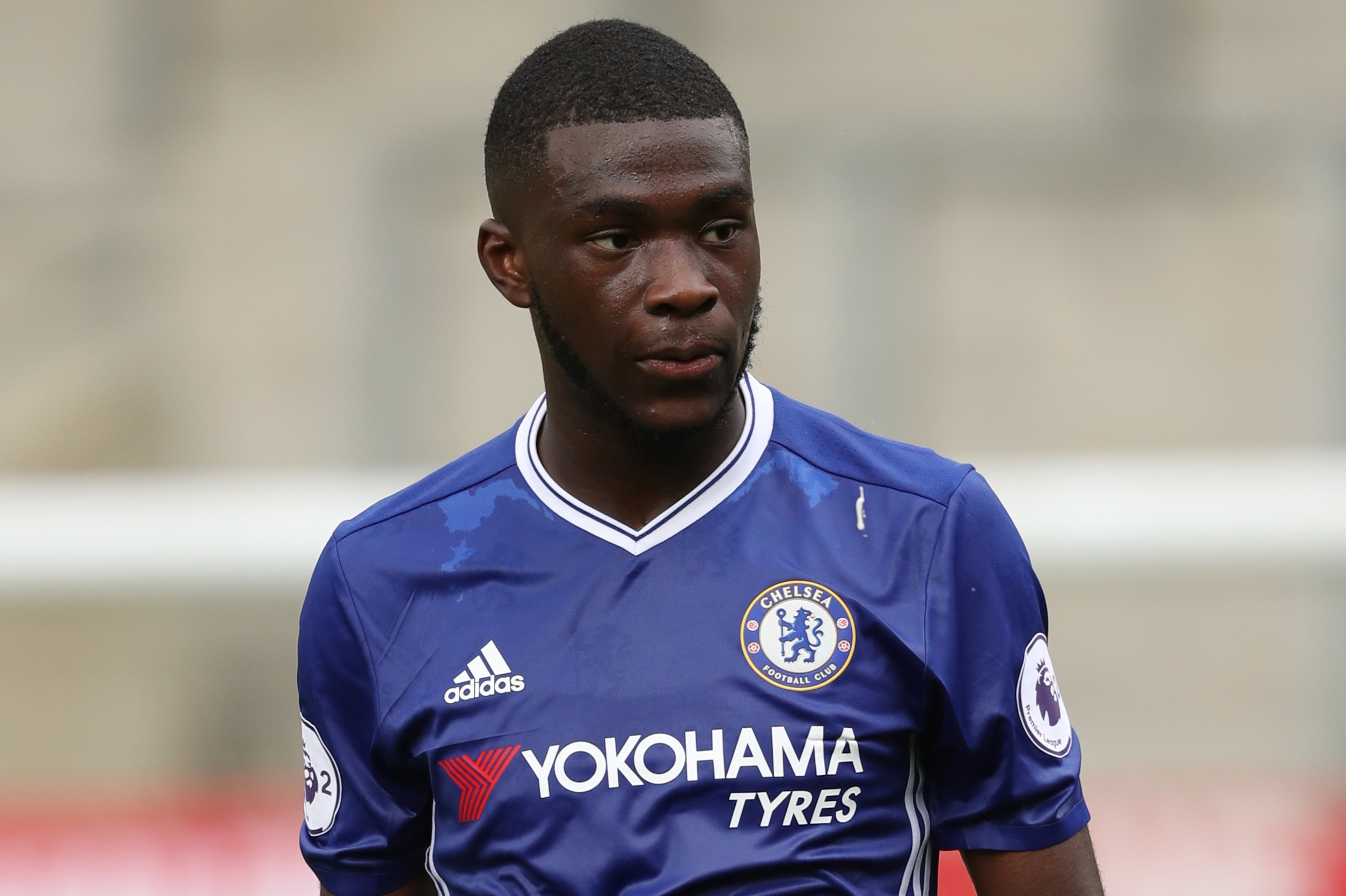 LEIGH, GREATER MANCHESTER - AUGUST 28: Fitayo Tomori of Chelsea  during the Premier League 2 fixture between Manchester United and Chelsea at Leigh Sports Village on August 28, 2016 in Leigh, Greater Manchester. (Photo by Matthew Ashton - AMA/Getty Images