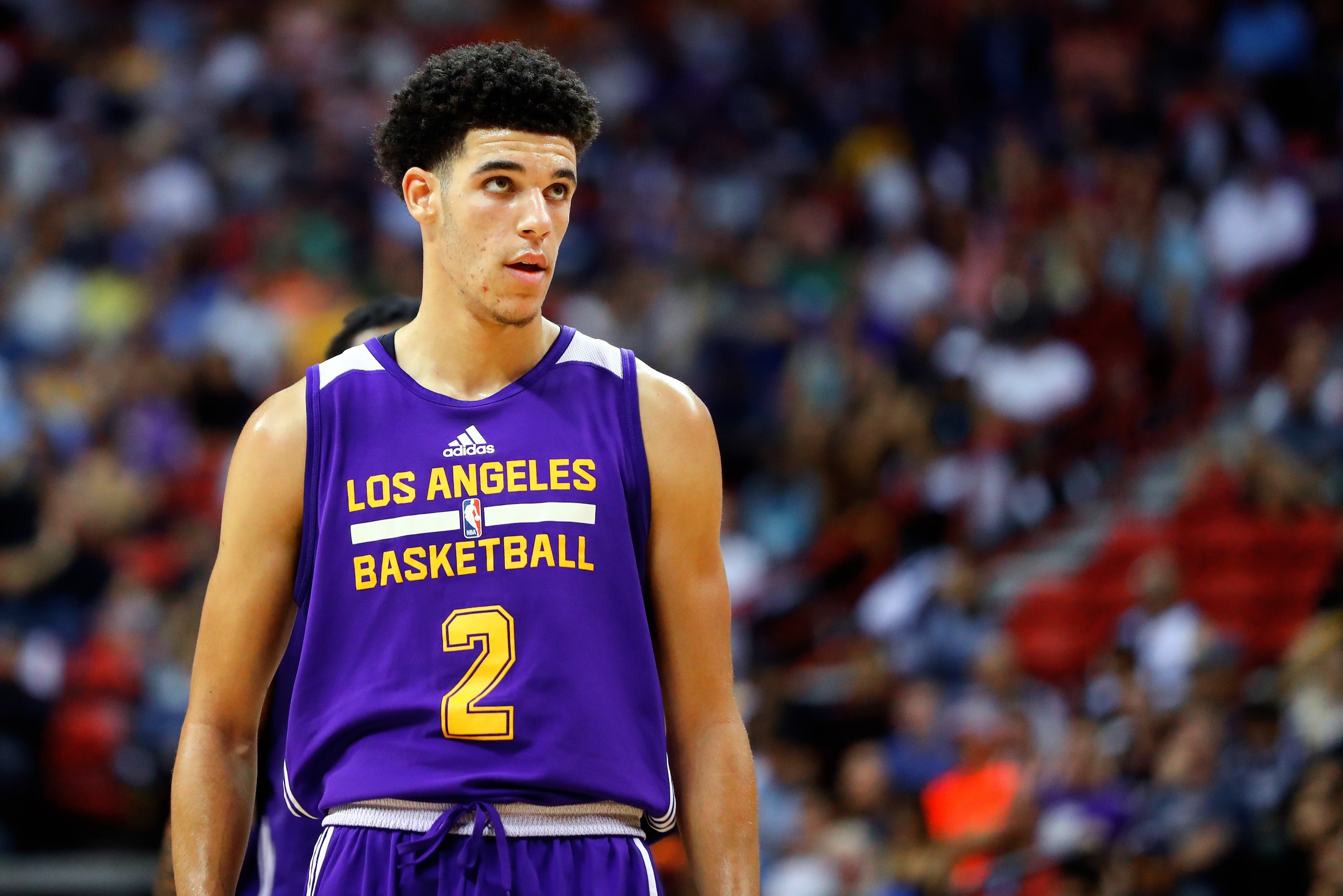 Jul 15, 2017; Las Vegas, NV, USA; Los Angeles Lakers guard Lonzo Ball against the Brooklyn Nets during an NBA Summer League game at Thomas & Mack Center. Mandatory Credit: Mark J. Rebilas-USA TODAY Sports