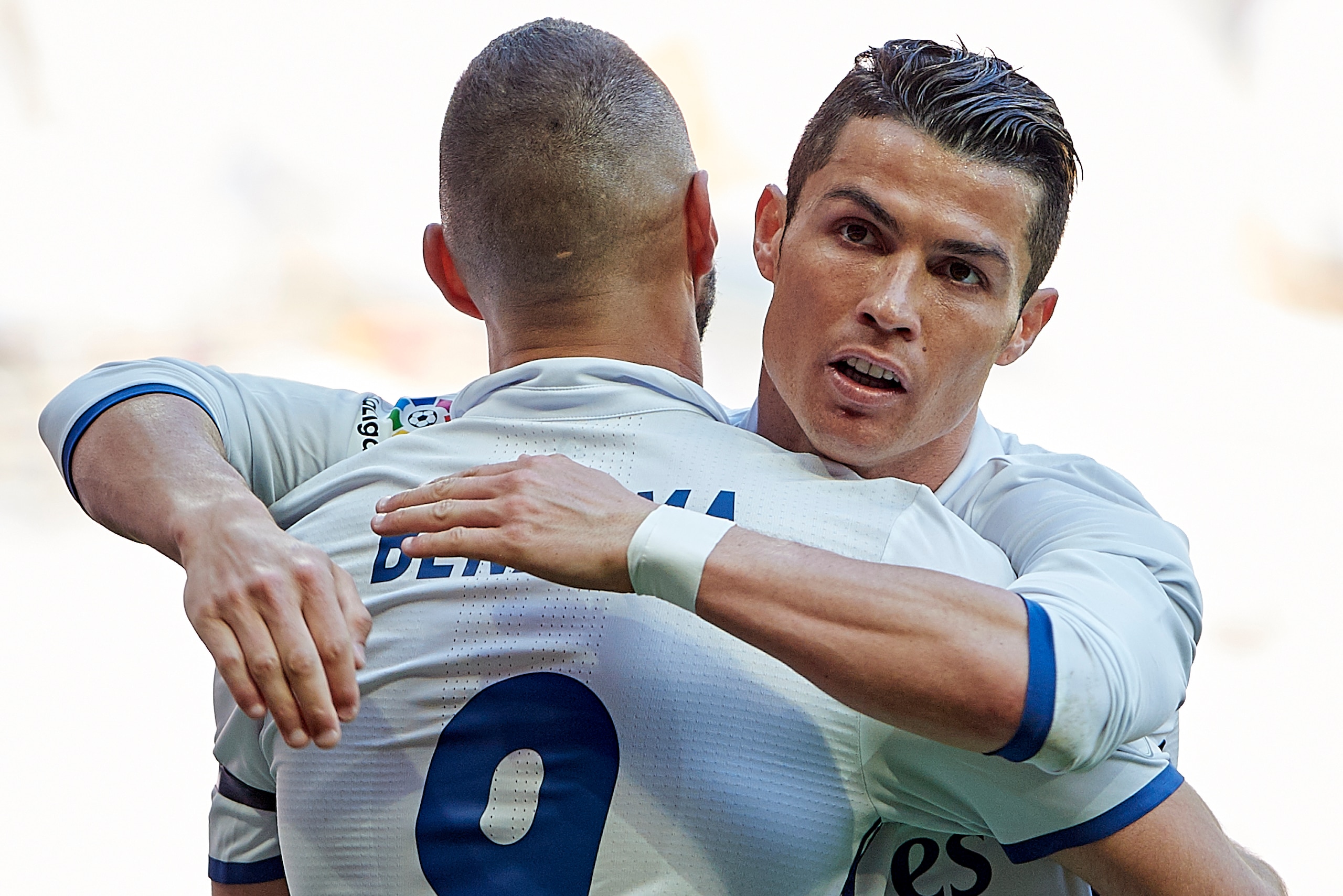 MADRID, SPAIN - APRIL 02:  Karim Benzema (L) of Real Madrid celebrates with Cristiano Ronaldo of Real Madrid after scoring a goal during the La Liga match between Real Madrid and Deportivo Alaves at Estadio Santiago Bernabeu on April 2, 2017 in Madrid, Sp