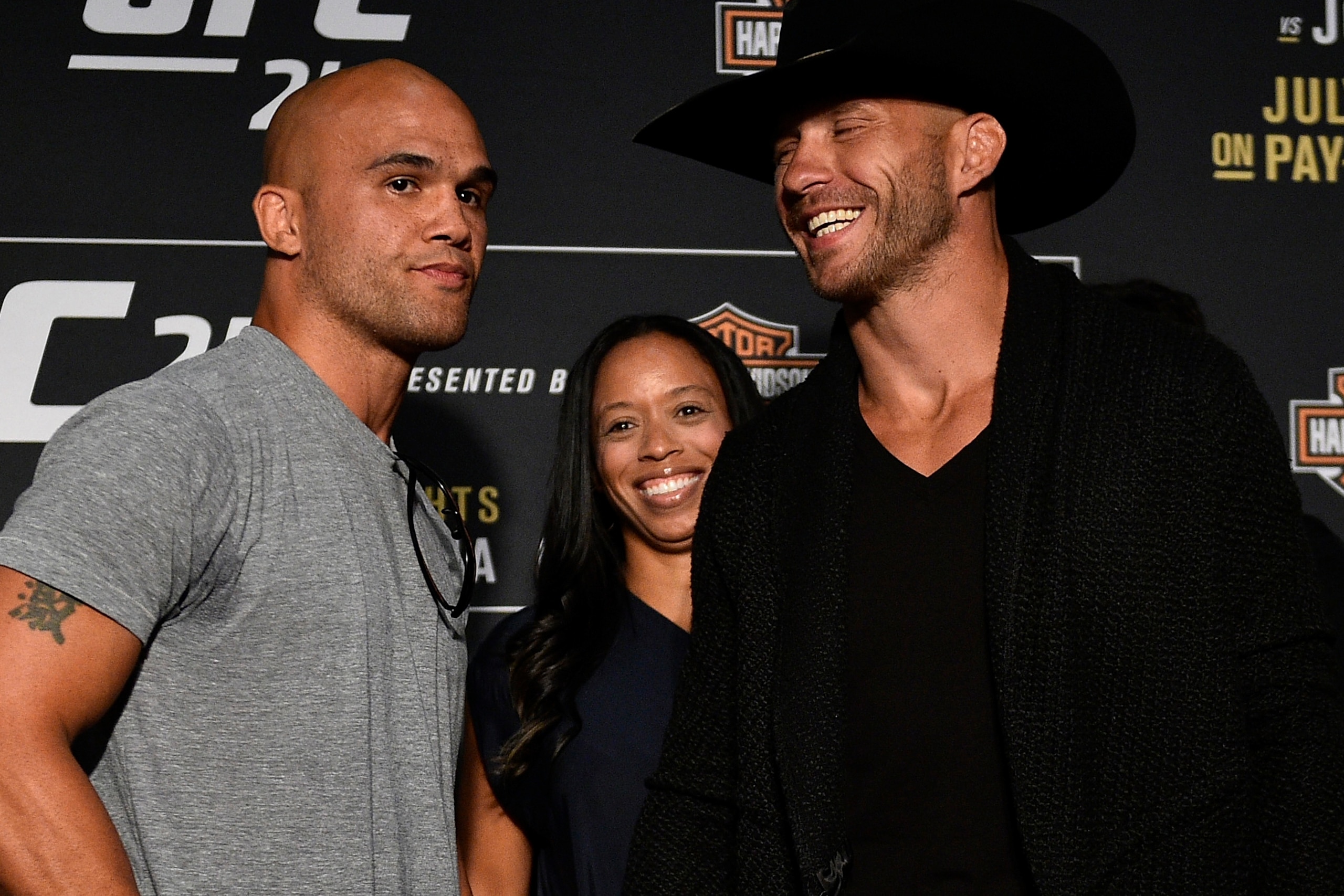 LA MIRADA, CA - JULY 27:  (L-R) Robbie Lawler and Donald Cerrone face off for the media during the UFC 214 Ultimate Media Day at UFC GYM La Mirada on July 27, 2017 in La Mirada, California. (Photo by Jeff Bottari/Zuffa LLC/Zuffa LLC via Getty Images)