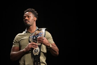DALLAS, TX - MAY 12: Jon Jones holds a UFC championship belt during the UFC Summer Kickoff Press Conference at the American Airlines Center on May 12, 2017 in Dallas, Texas. (Photo by Cooper Neill/Zuffa LLC/Zuffa LLC via Getty Images)