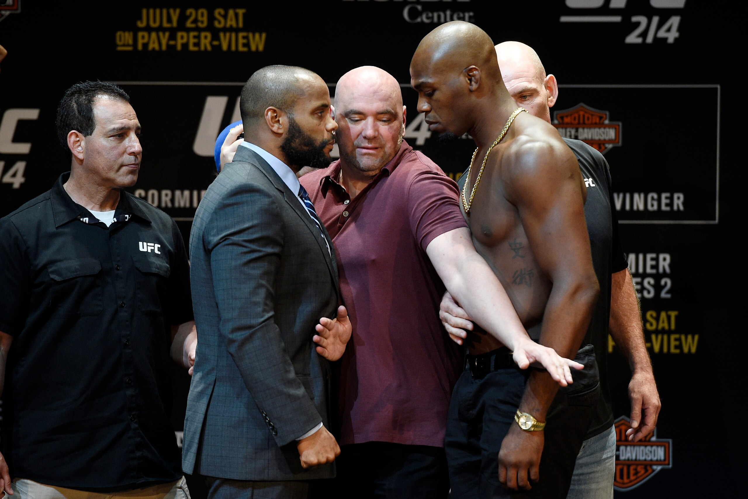 LOS ANGELES, CA - JULY 26: Dana White (C), UFC President, separates the two fighters Daniel Cormier (L) and Jon Jones during the UFC 214 Press Conference at The Novo by Microsoft July 26, 2017 in Los Angeles, California. (Photo by Kevork Djansezian/Zuffa 