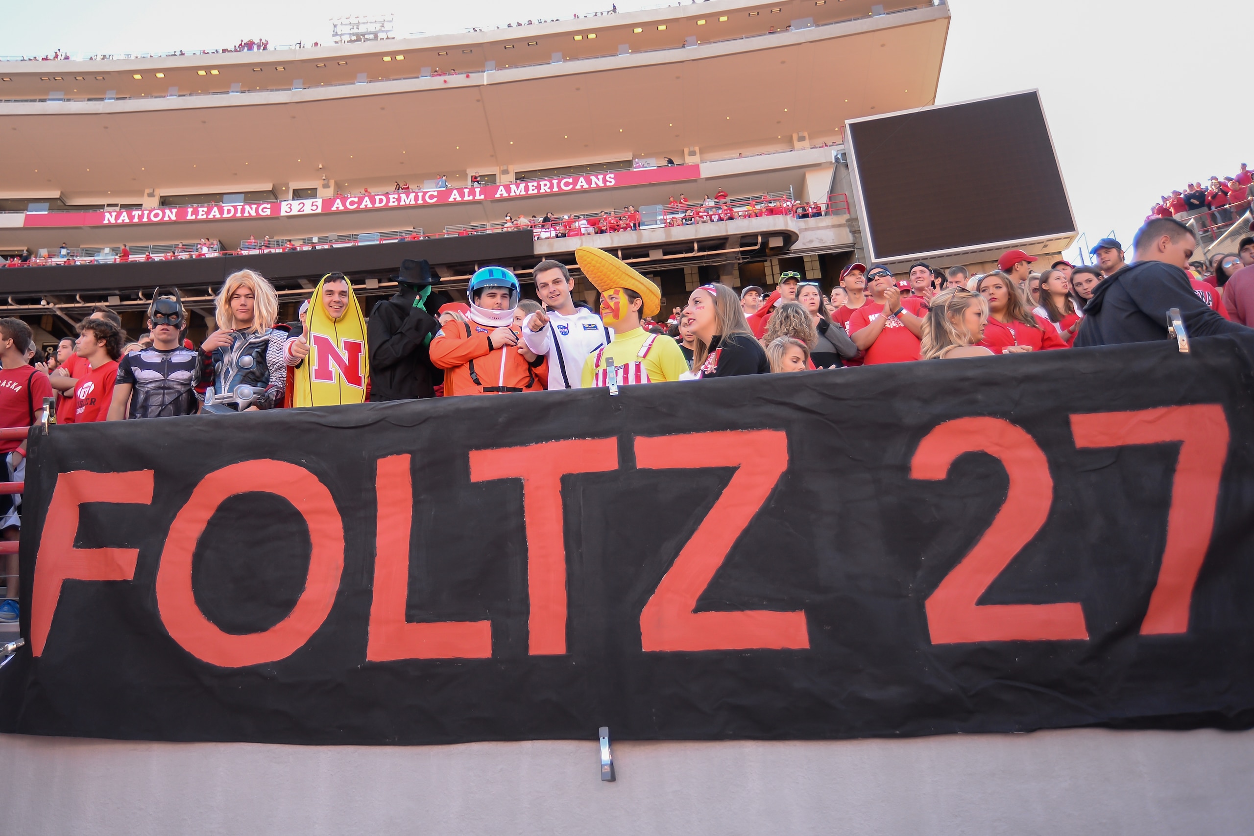 LINCOLN, NE - SEPTEMBER 10: Students of the Nebraska Cornhuskers honor deceased player Sam Foltz with a banner before the game against the Wyoming Cowboys at Memorial Stadium on September 10, 2016 in Lincoln, Nebraska. Nebraska defeated Wyoming 52-14. (Ph